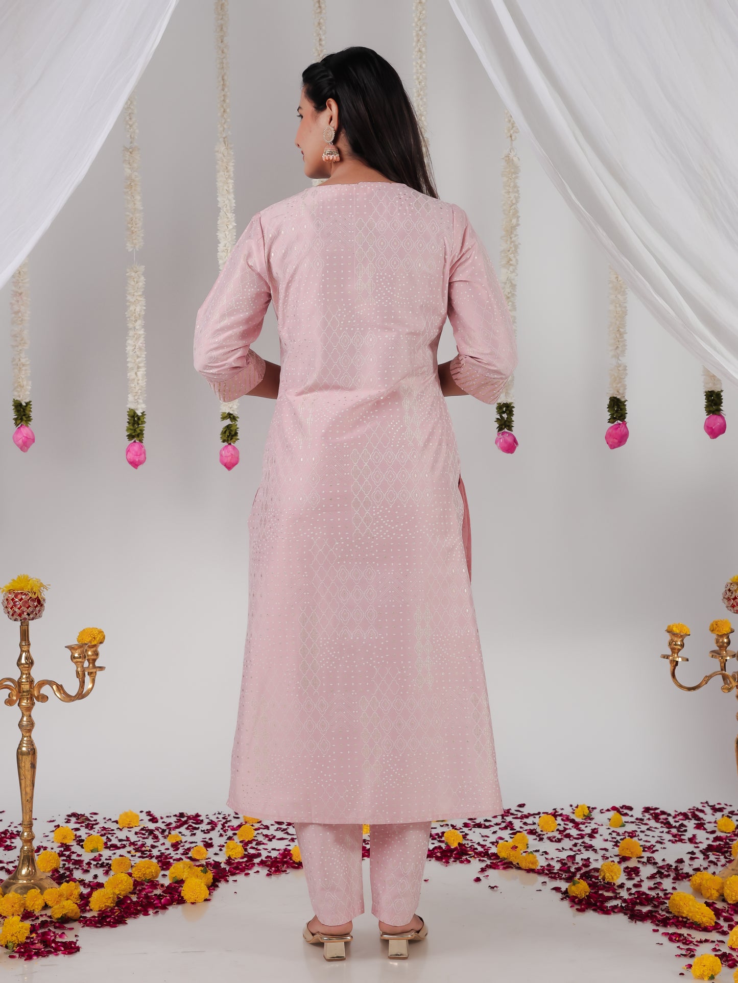 Chanderi Gold foil Straight Baby Pink Kurta