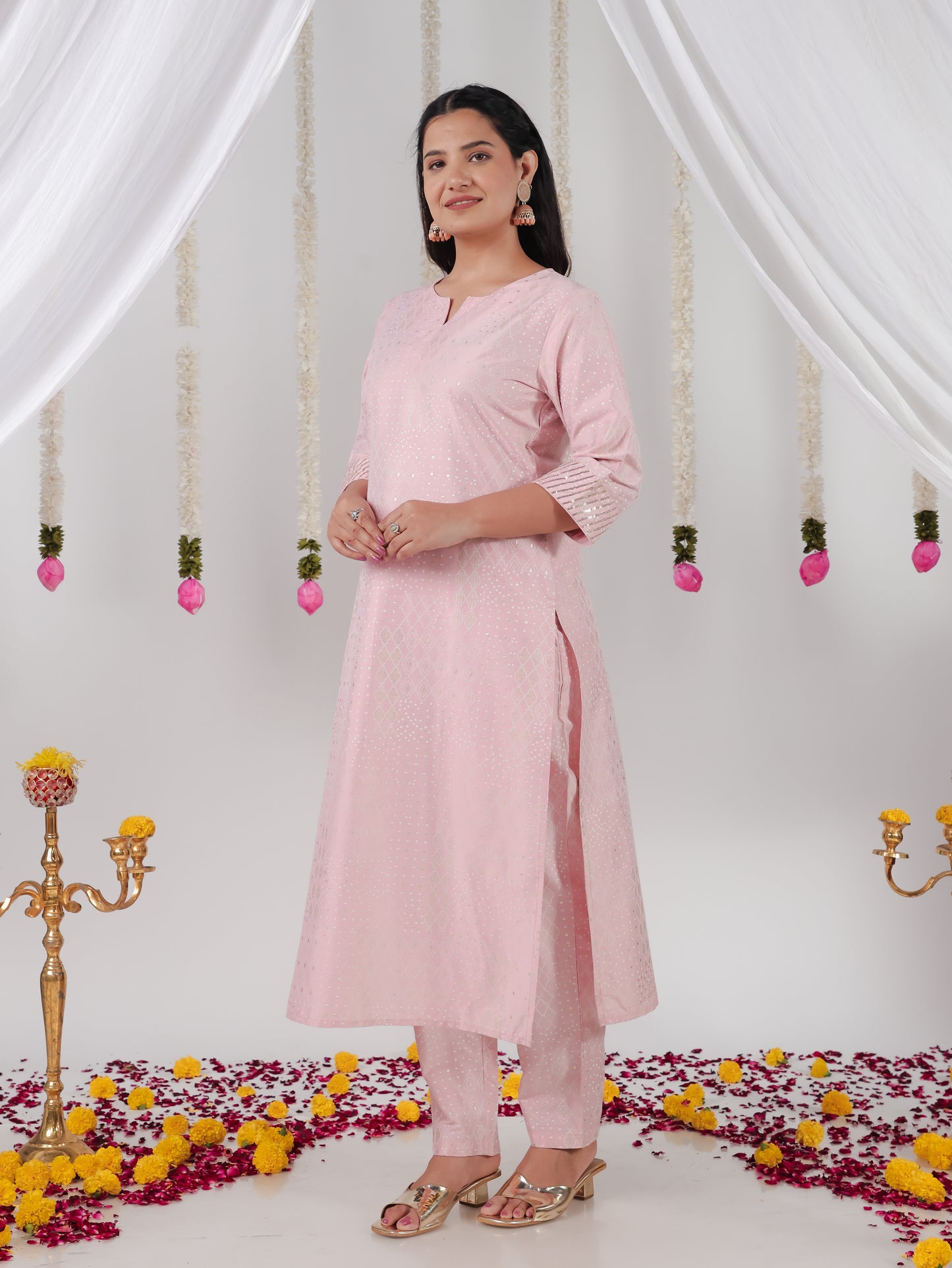 Chanderi Gold foil Straight Baby Pink Kurta