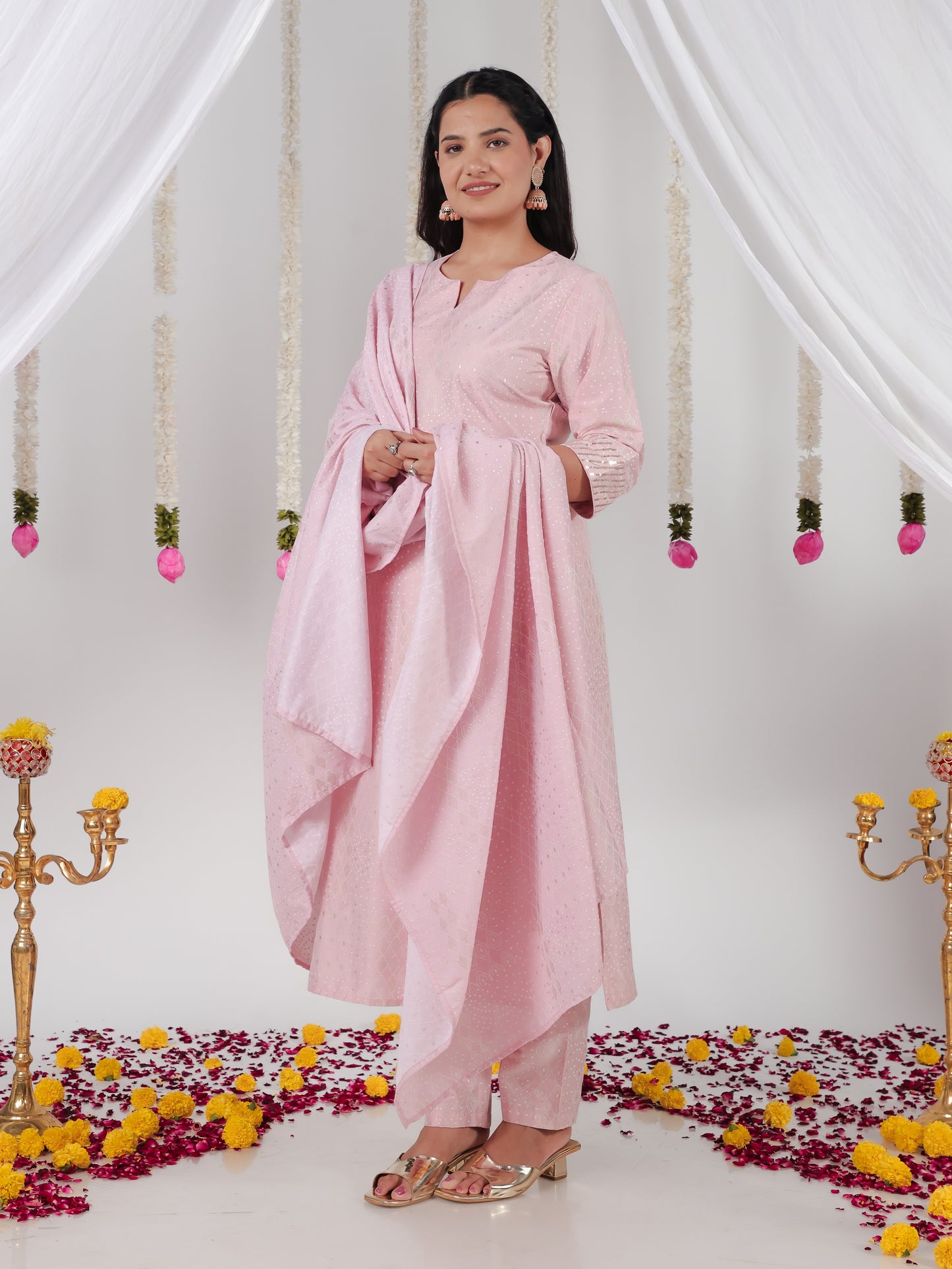 Chanderi Gold foil Straight Baby Pink Kurta