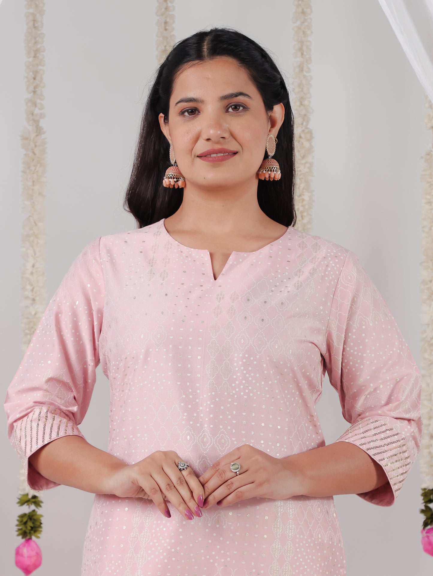 Chanderi Gold foil Straight Baby Pink Kurta