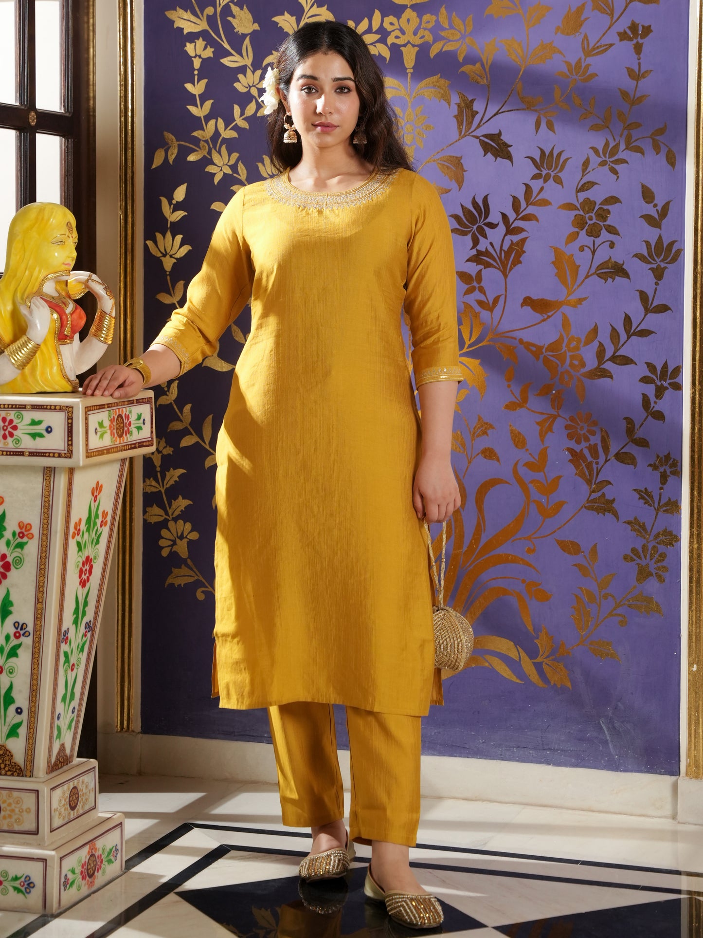 Embroidered Blended Silk Solid Straight Yellow Kurta
