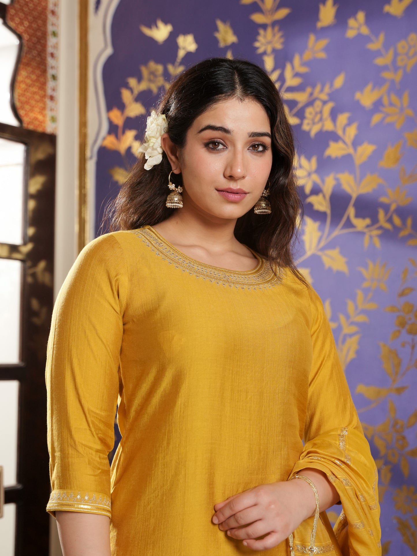 Embroidered Blended Silk Solid Straight Yellow Kurta