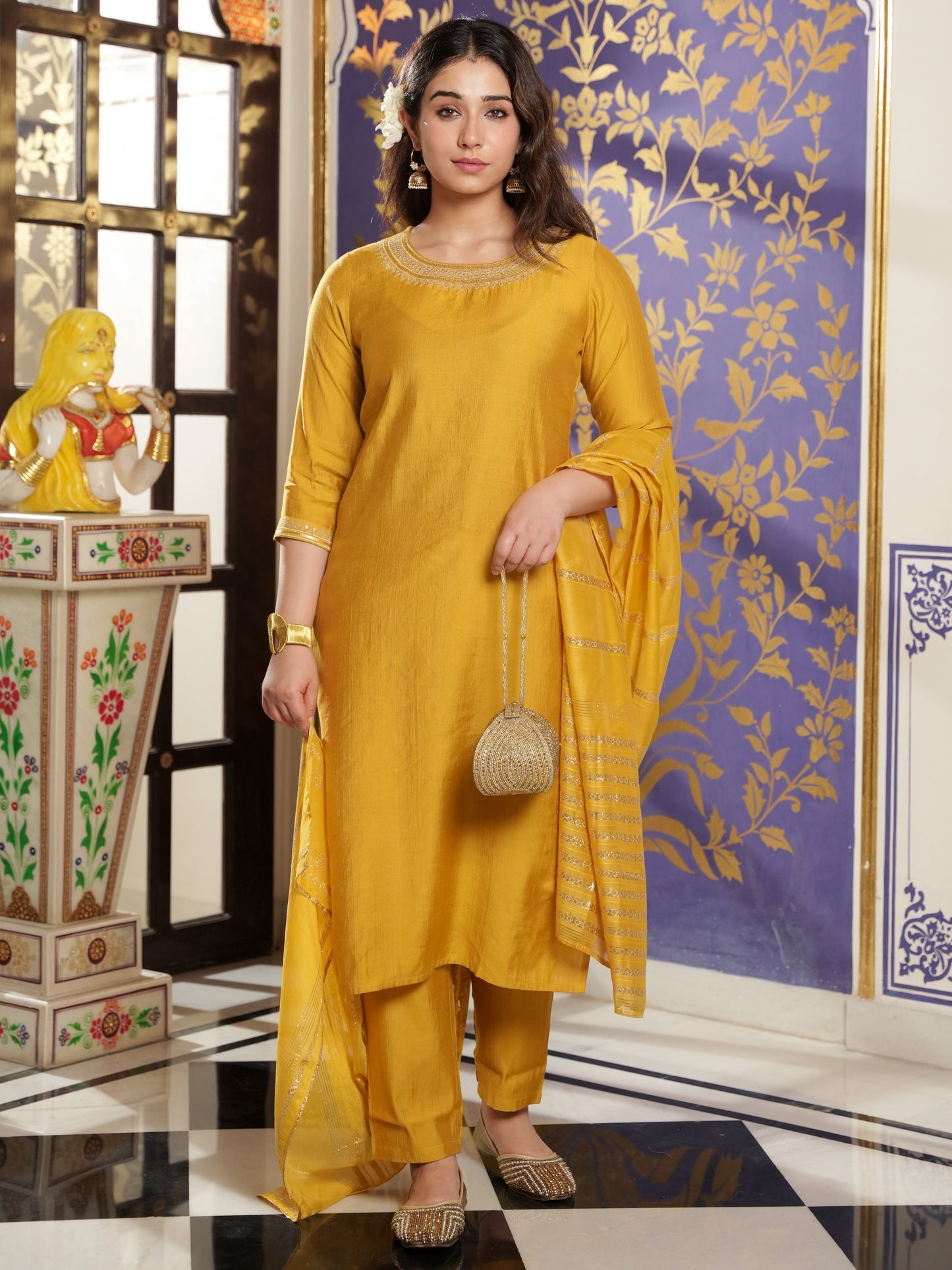 Embroidered Blended Silk Solid Straight Yellow Kurta