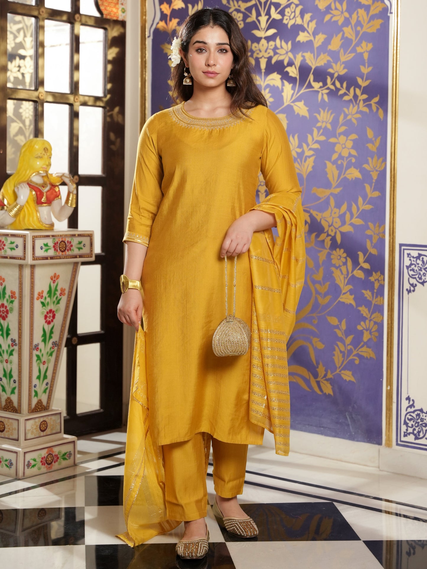 Embroidered Vertigan Solid Straight Yellow Kurta