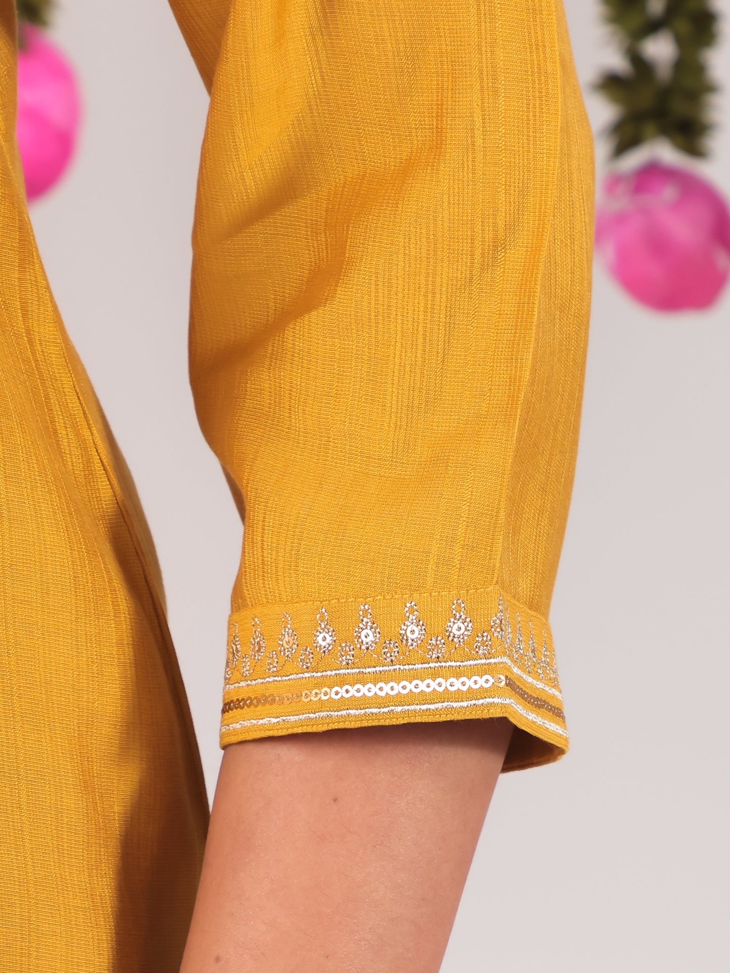 Embroidered Vertigan Solid Straight Yellow Kurta