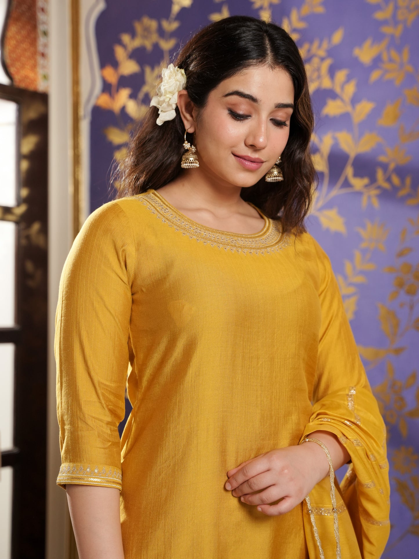 Embroidered Blended Silk Solid Straight Yellow Kurta