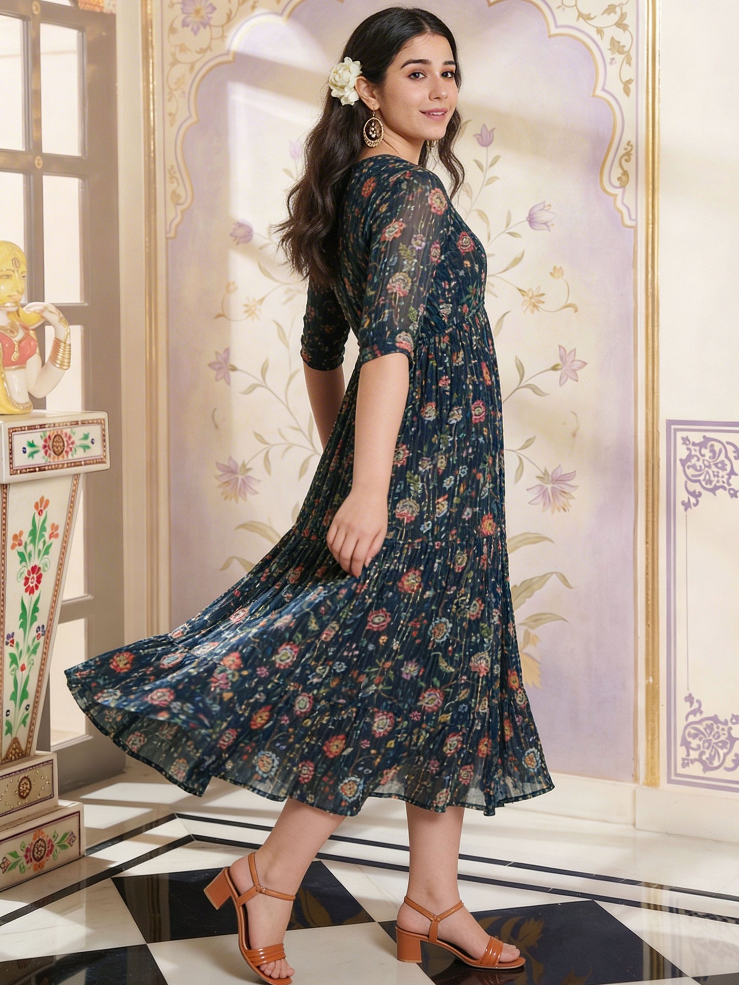 Self Design Georgette Floral A-line Navy Blue Dress