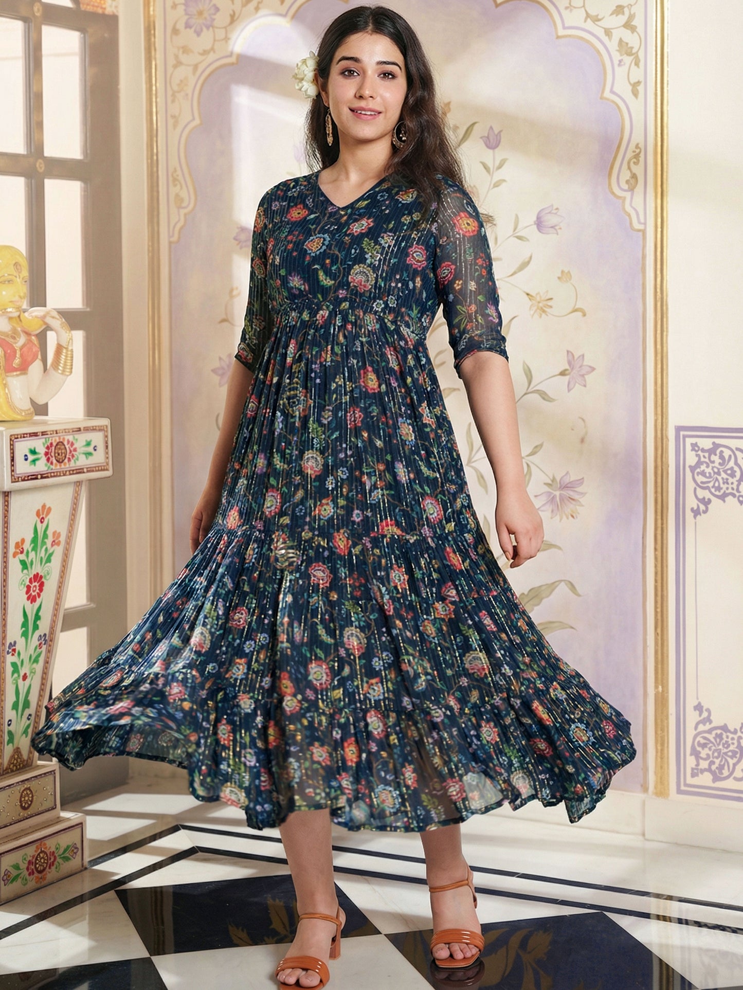 Self Design Georgette Floral A-line Navy Blue Dress