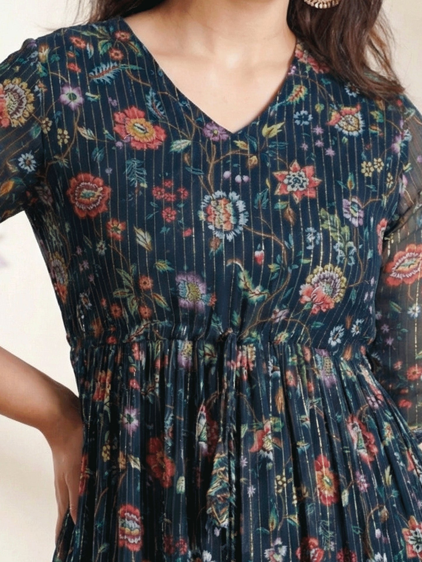 Self Design Georgette Floral A-line Navy Blue Dress