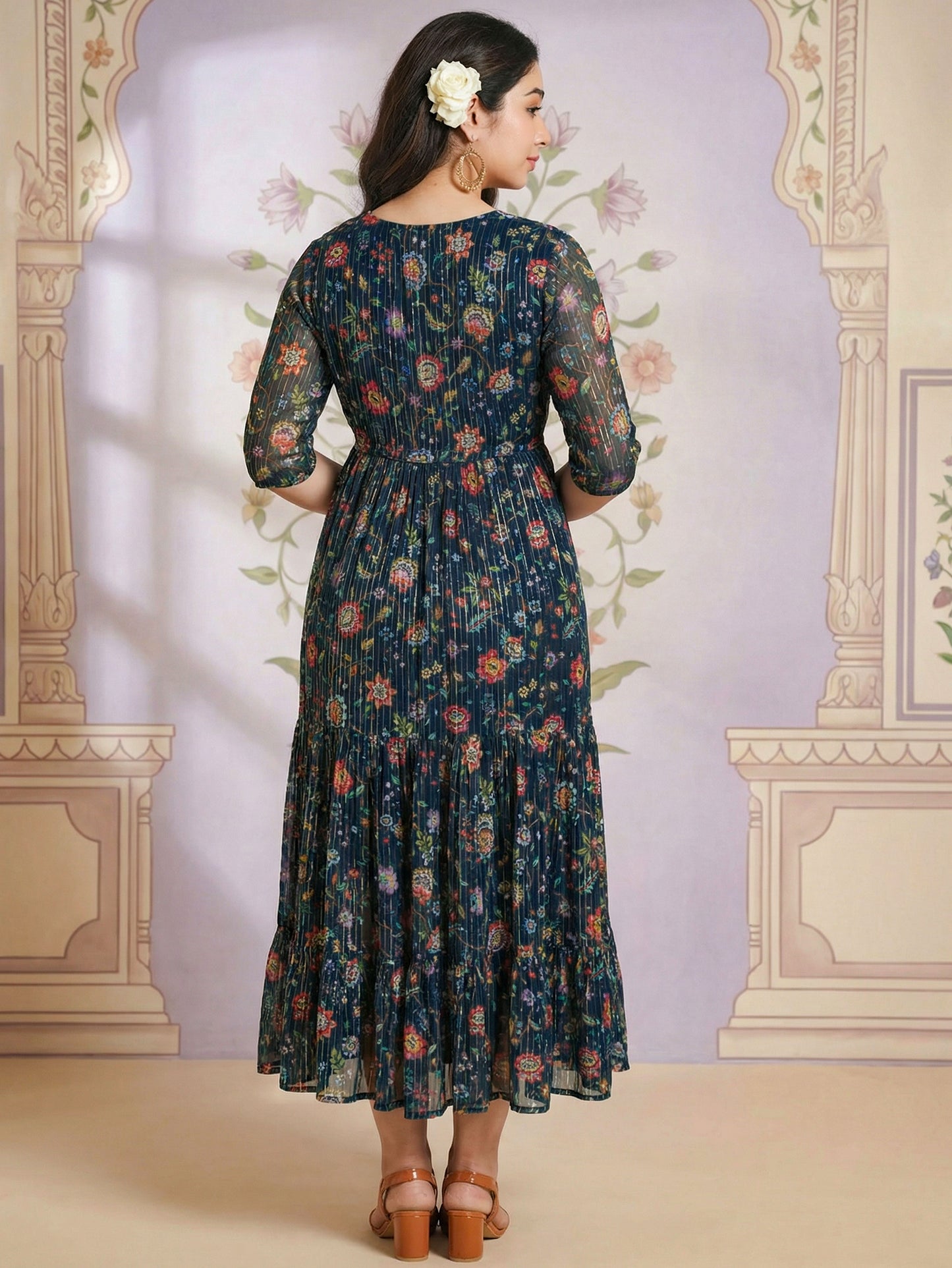 Self Design Georgette Floral A-line Navy Blue Dress