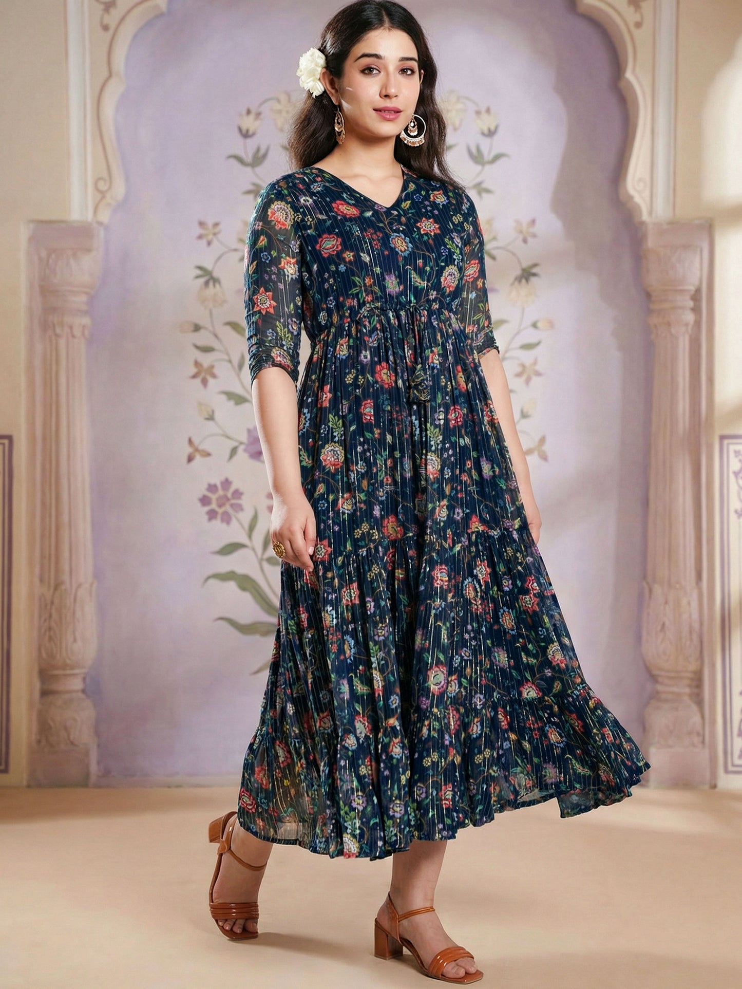Self Design Georgette Floral A-line Navy Blue Dress