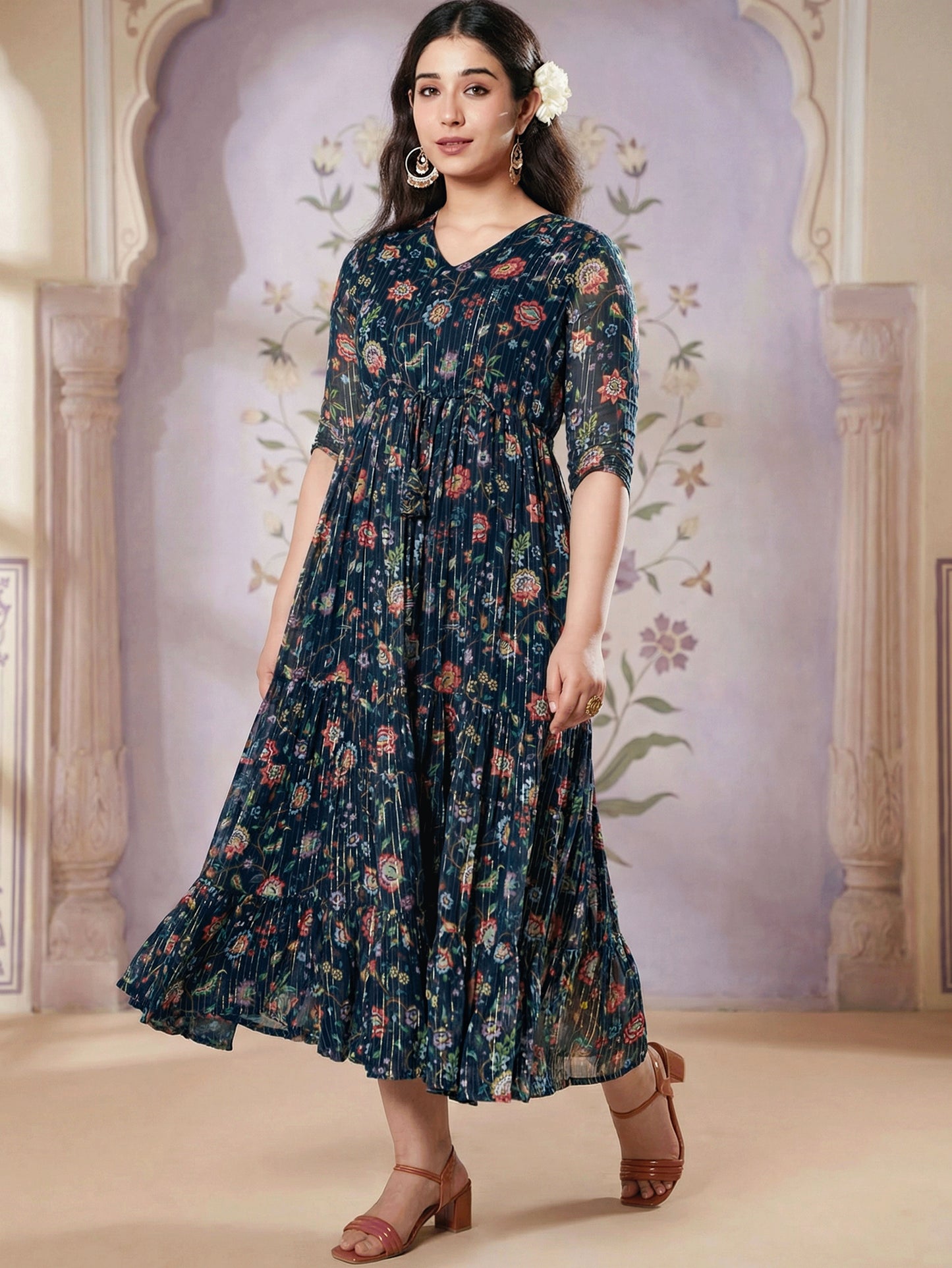 Self Design Georgette Floral A-line Navy Blue Dress