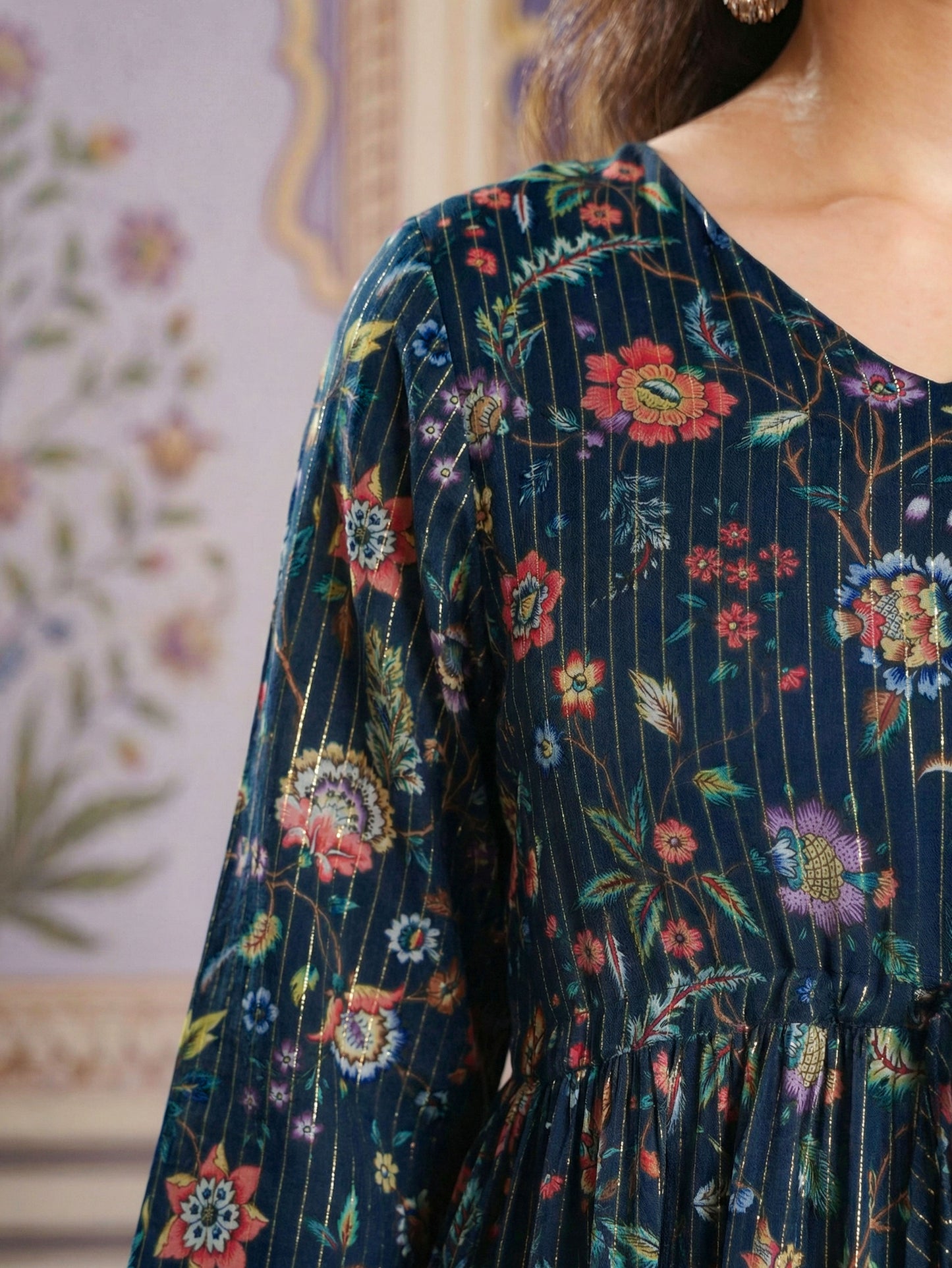 Self Design Georgette Floral A-line Navy Blue Dress