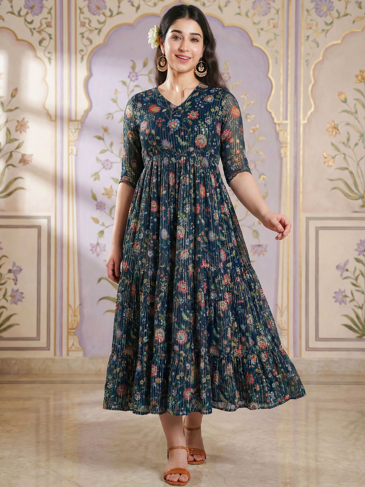 Self Design Georgette Floral A-line Navy Blue Dress