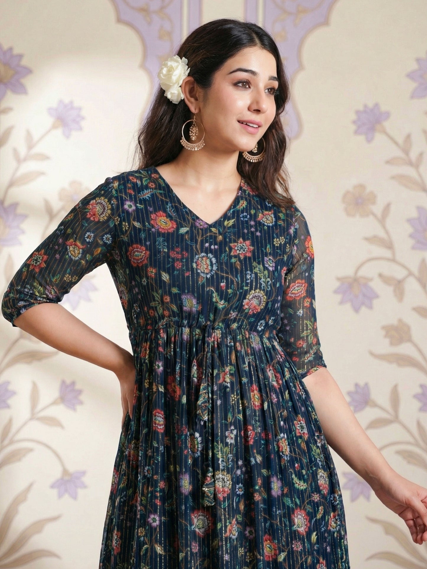 Self Design Georgette Floral A-line Navy Blue Dress