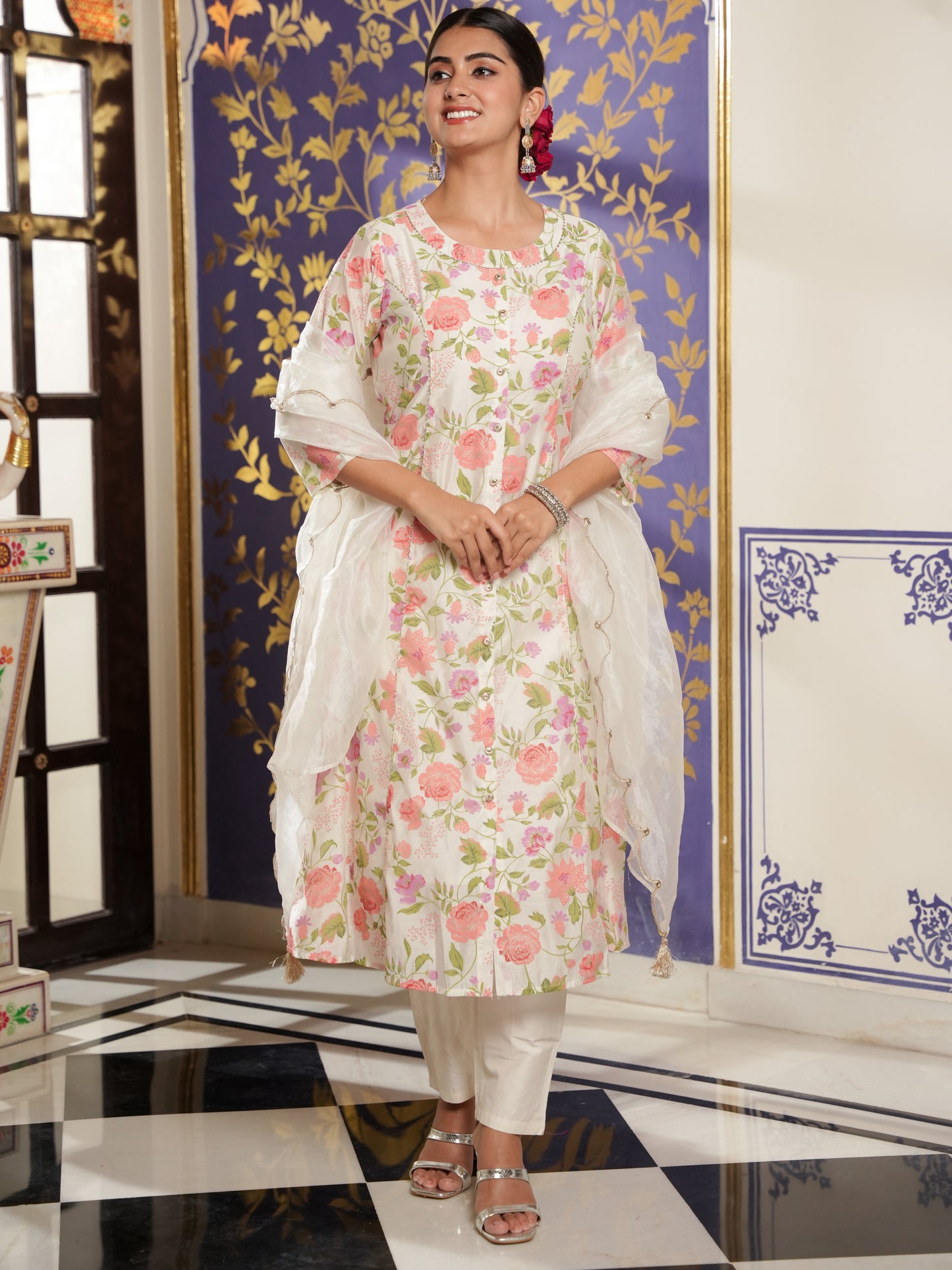 Embroidered Organza Solid Off White Dupatta
