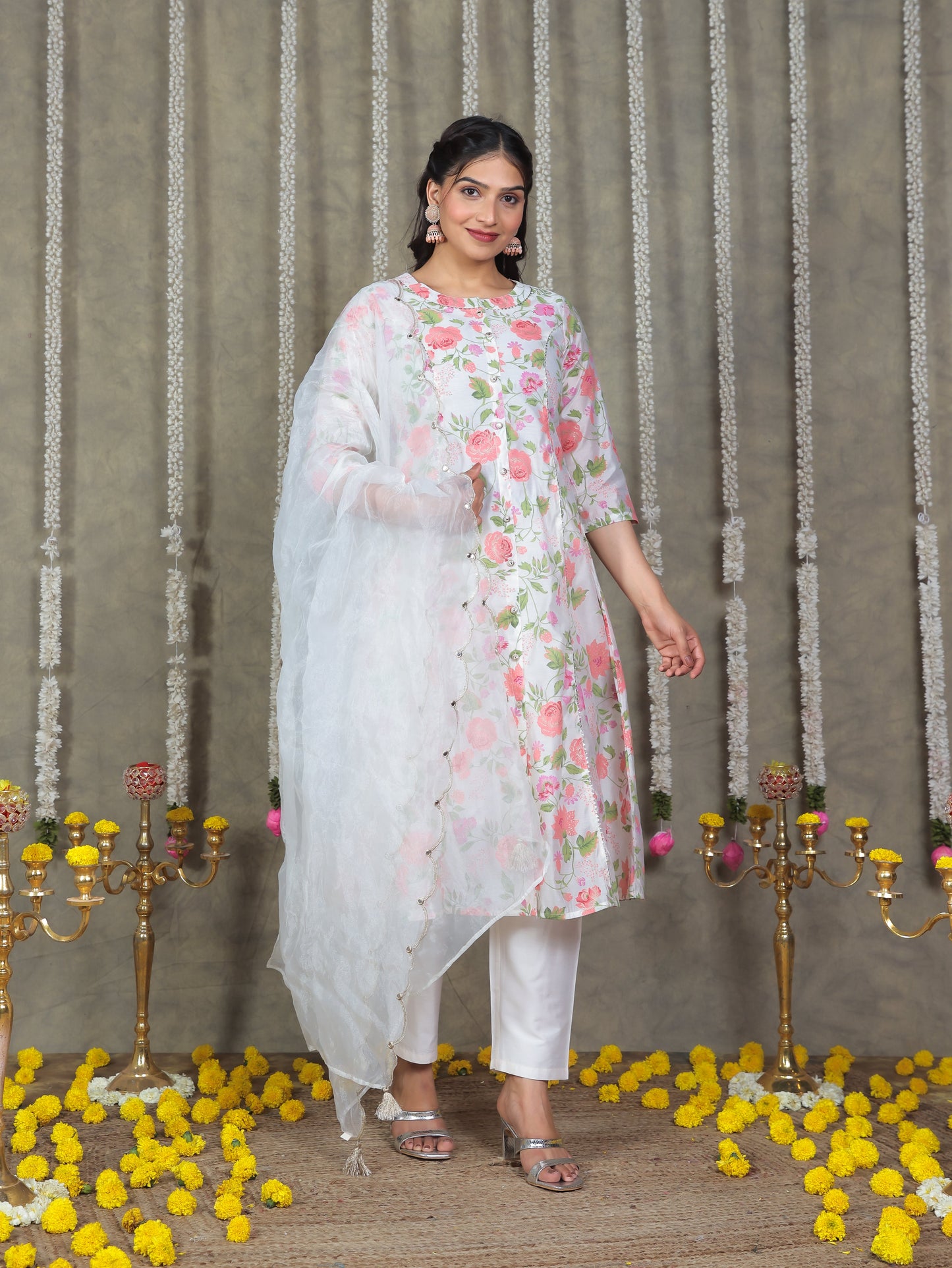 Embroidered Organza Solid Off White Dupatta