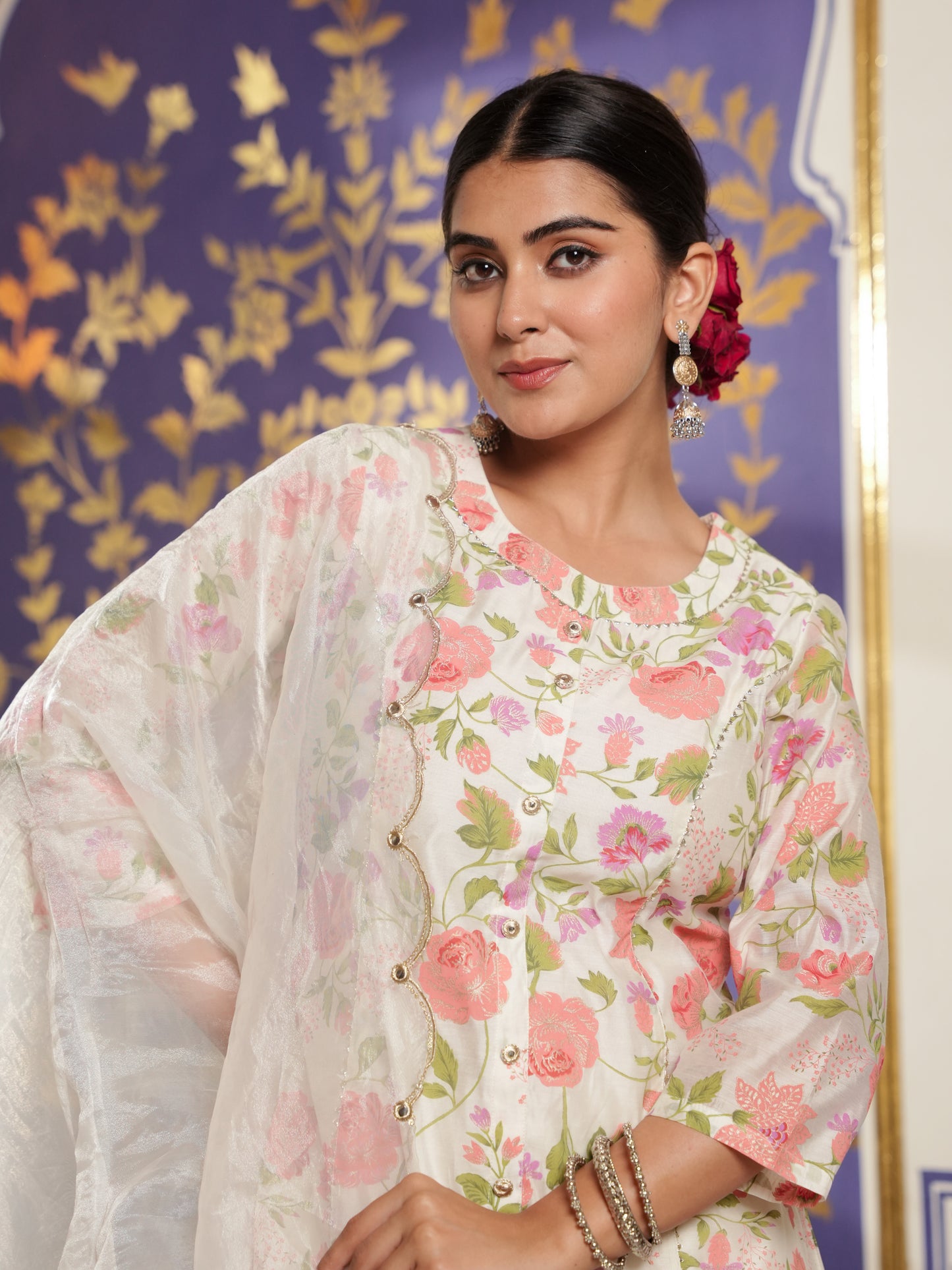 Embroidered Organza Solid Off White Dupatta