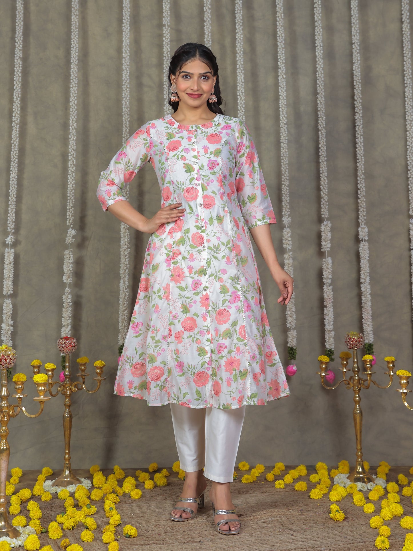 Chanderi Floral A-line Multicolor Kurta
