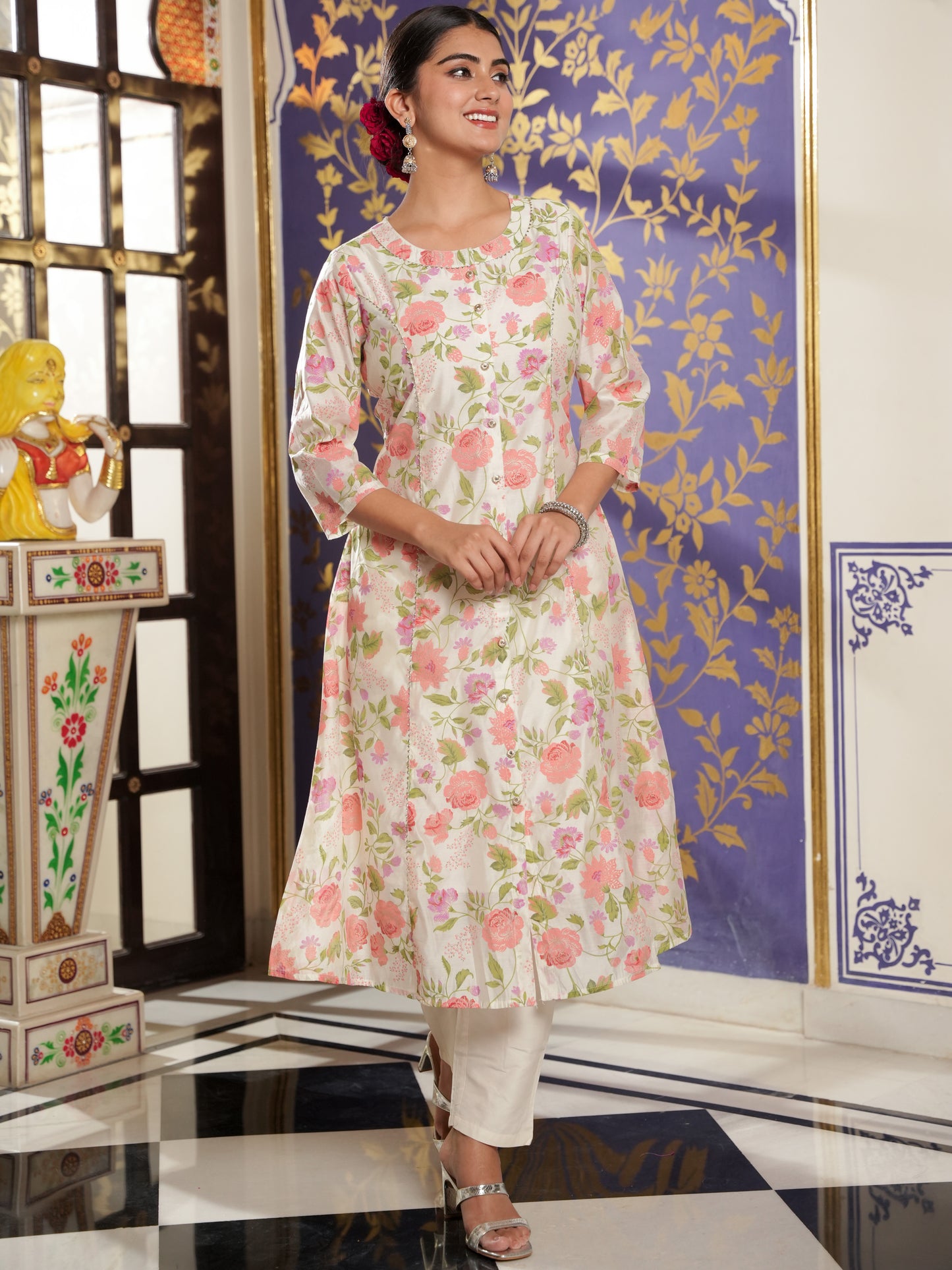 Chanderi Floral A-line Multicolor Kurta