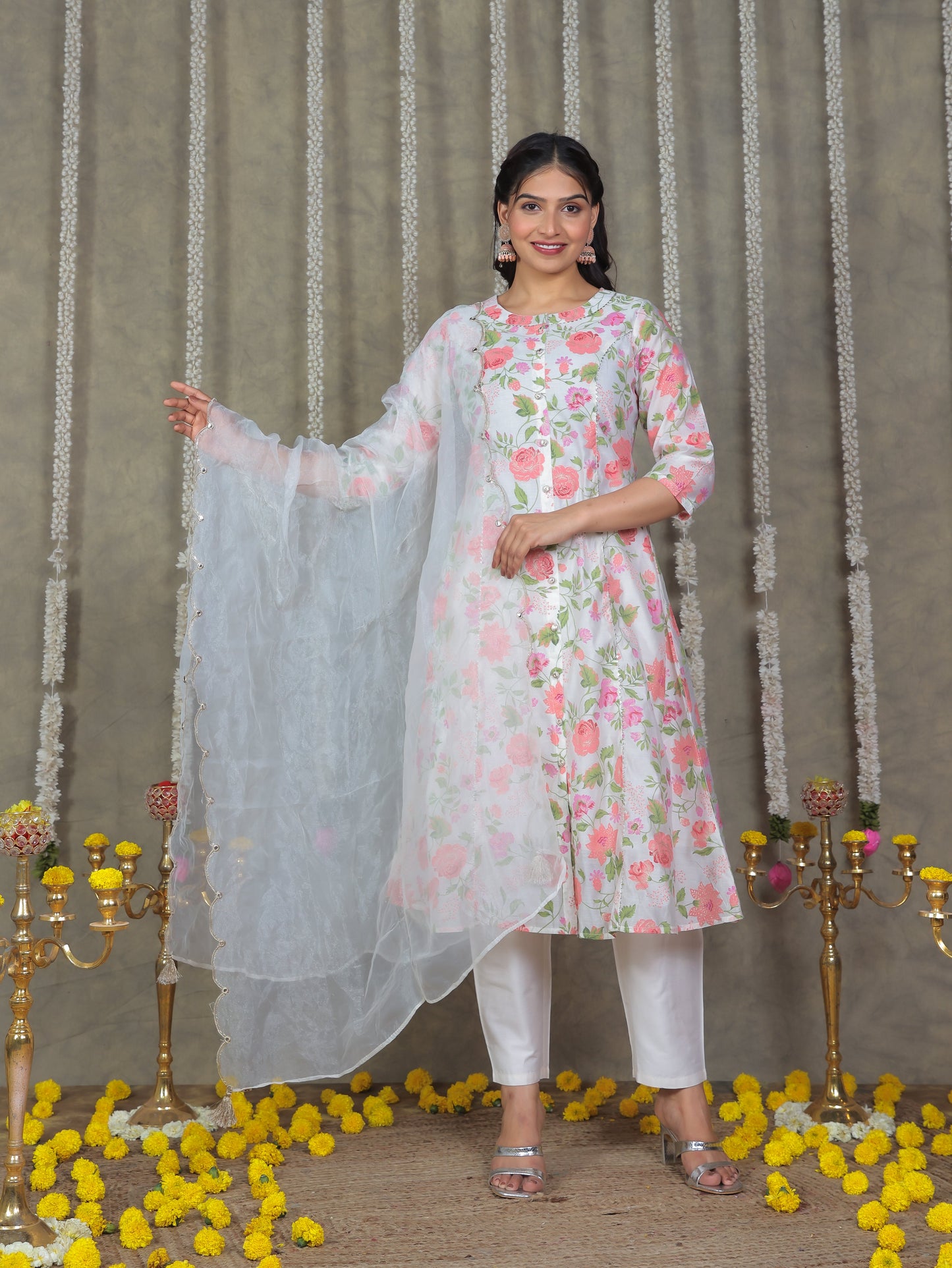 Chanderi Floral A-line Multicolor Kurta
