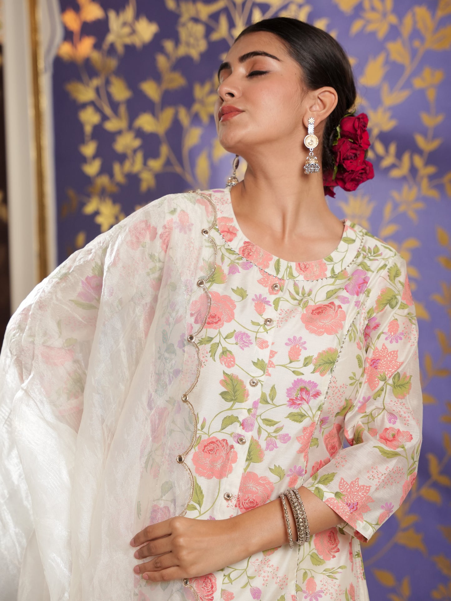 Chanderi Floral A-line Multicolor Kurta