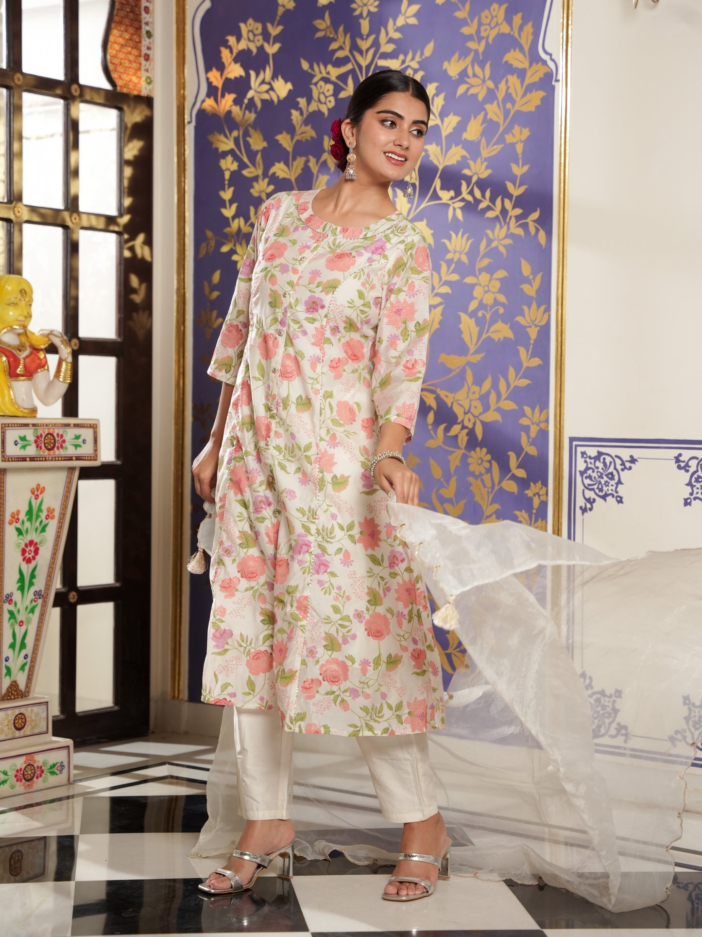 Chanderi Floral A-line Multicolor Kurta