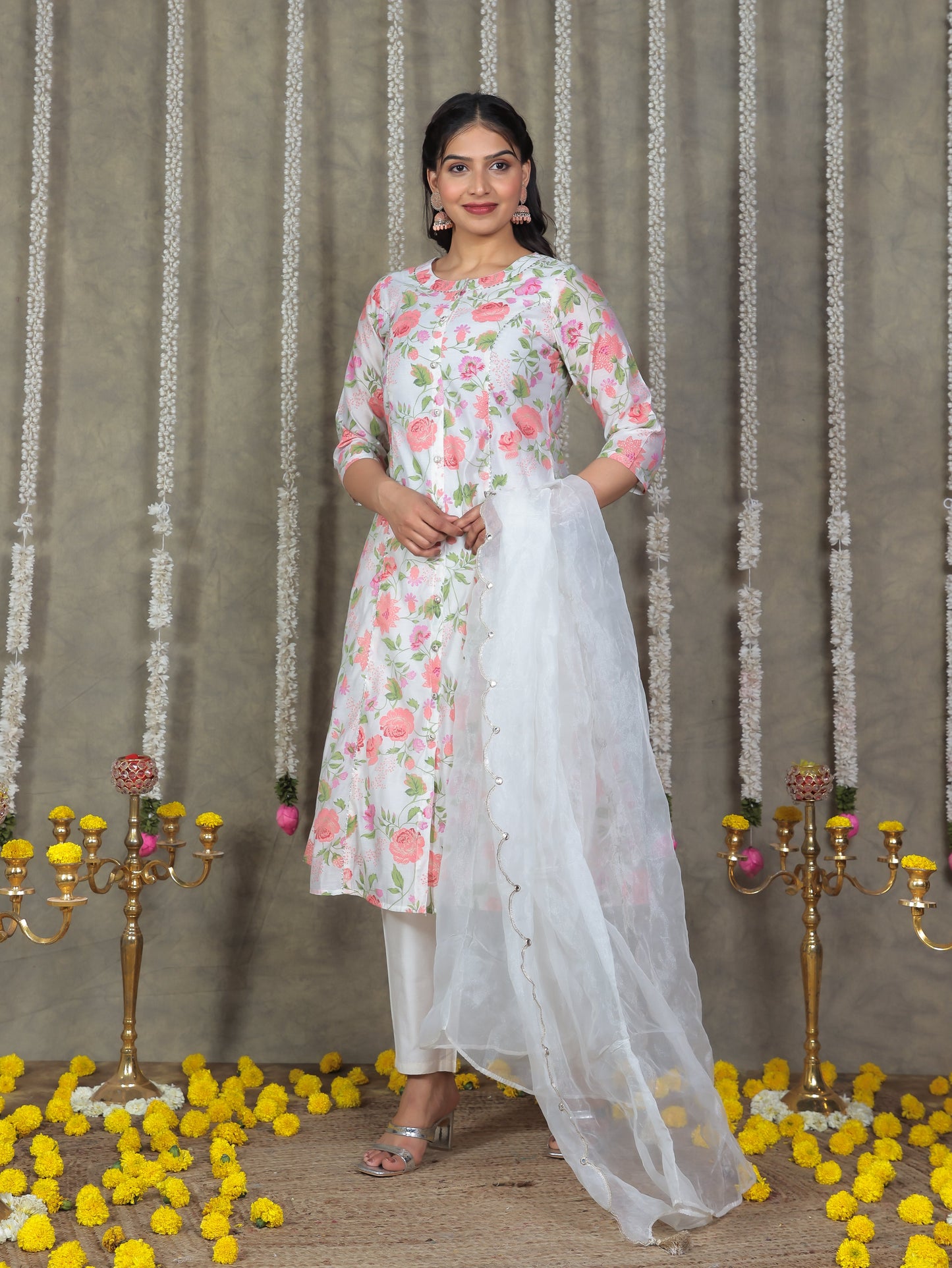 Chanderi Floral A-line Multicolor Kurta