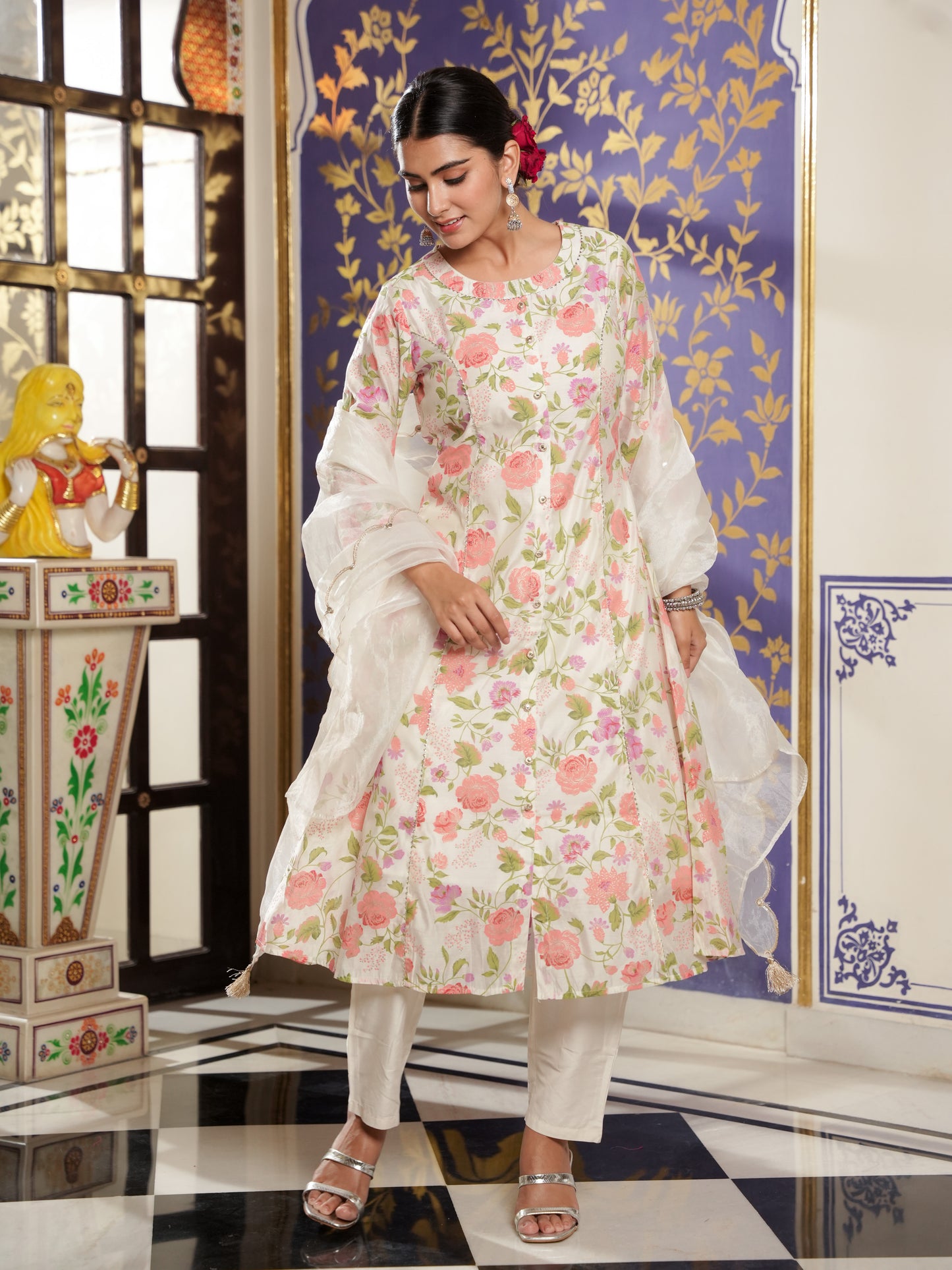 Chanderi Floral A-line Multicolor Kurta