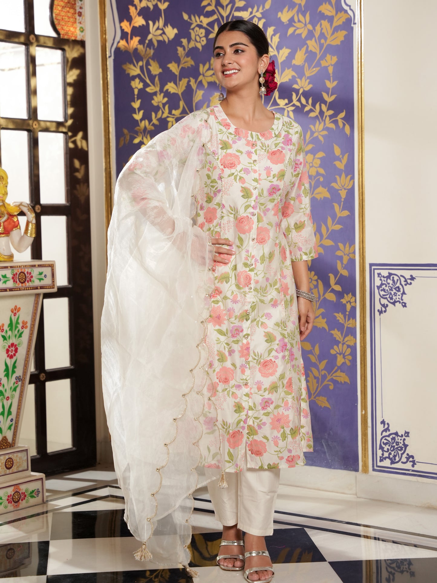 Chanderi Floral A-line Multicolor Kurta