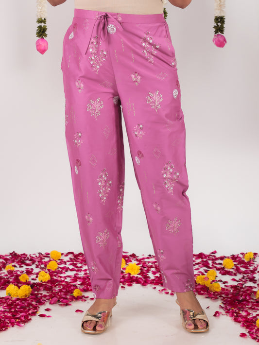 Roman silk Floral Purple Trousers  Tapered Trousers