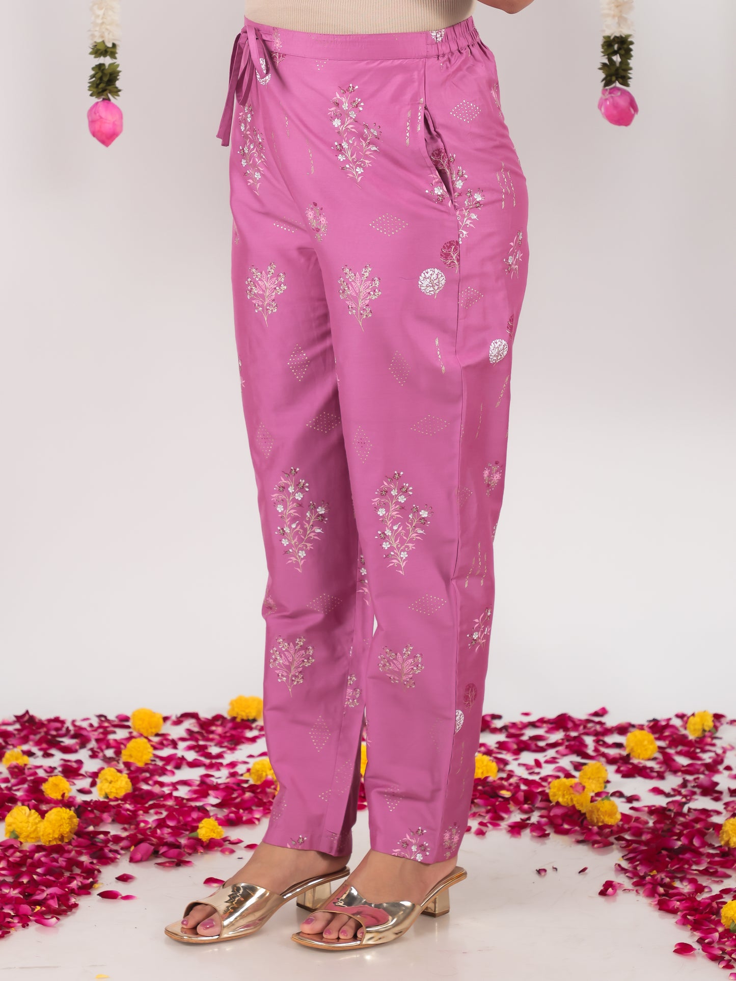 Roman silk Floral Purple Trousers  Tapered Trousers