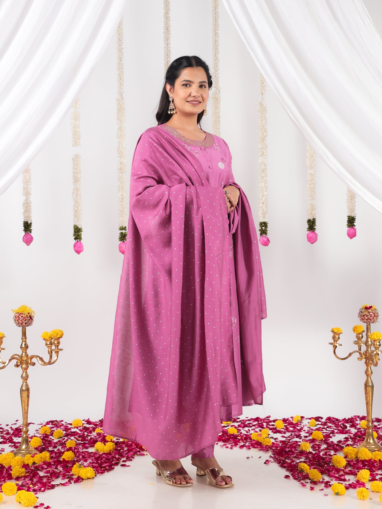 Embroidered Roman silk Floral A-line Purple Kurta