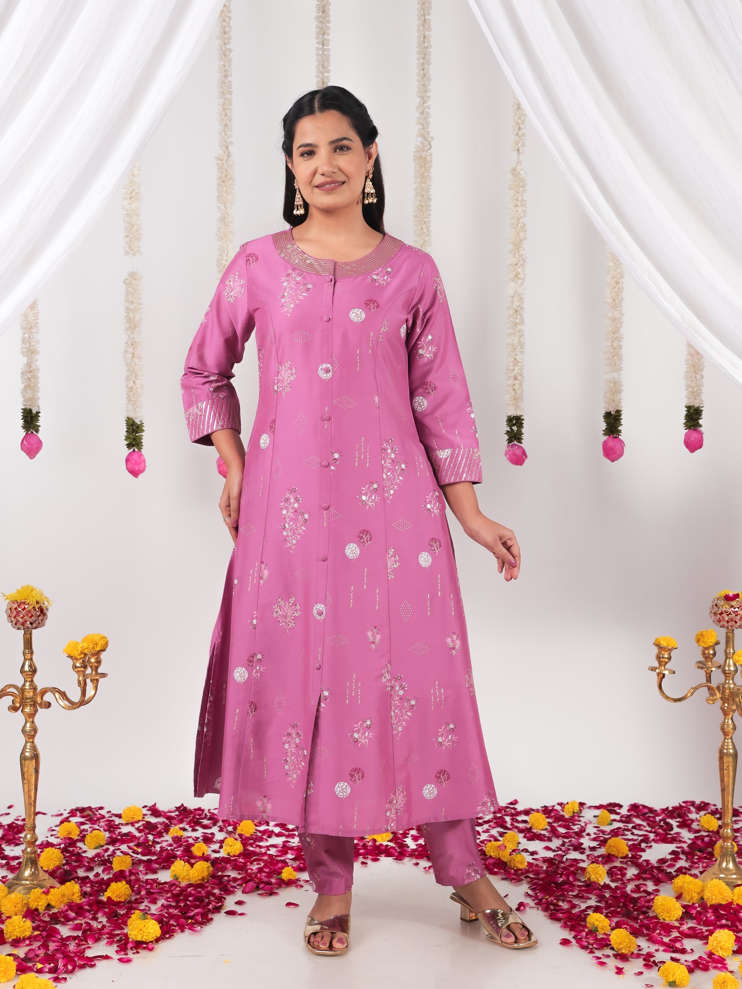 Embroidered Roman silk Floral A-line Purple Kurta