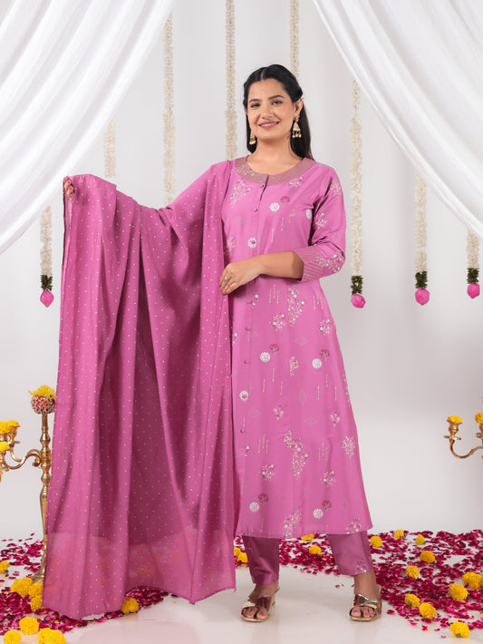 Embroidered Roman silk Floral A-line Purple Kurta