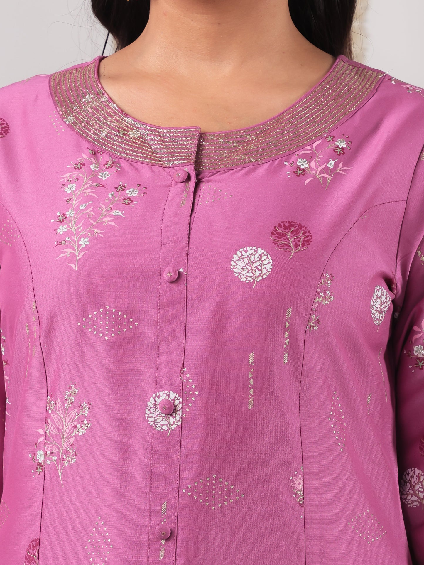 Embroidered Roman silk Floral A-line Purple Kurta