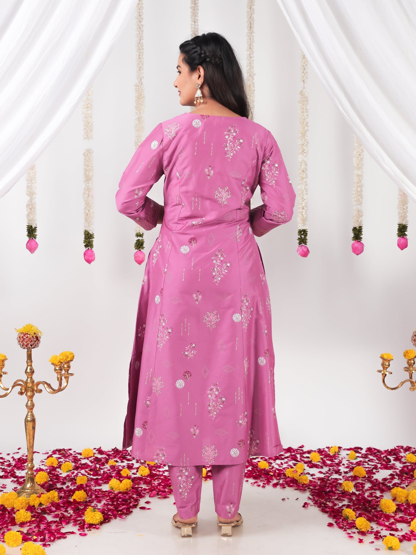Embroidered Roman silk Floral A-line Purple Kurta