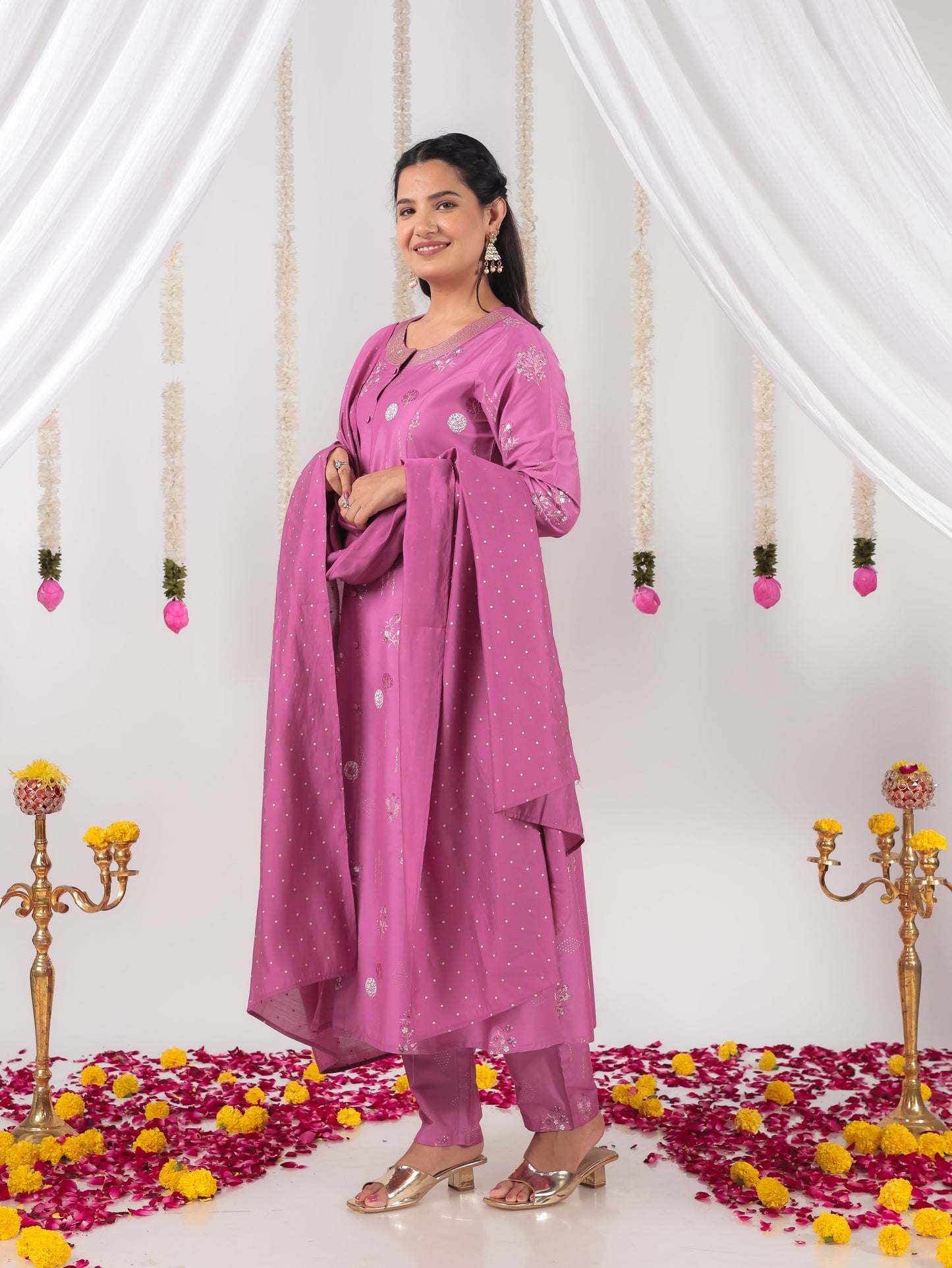 Embroidered Roman silk Floral A-line Purple Kurta