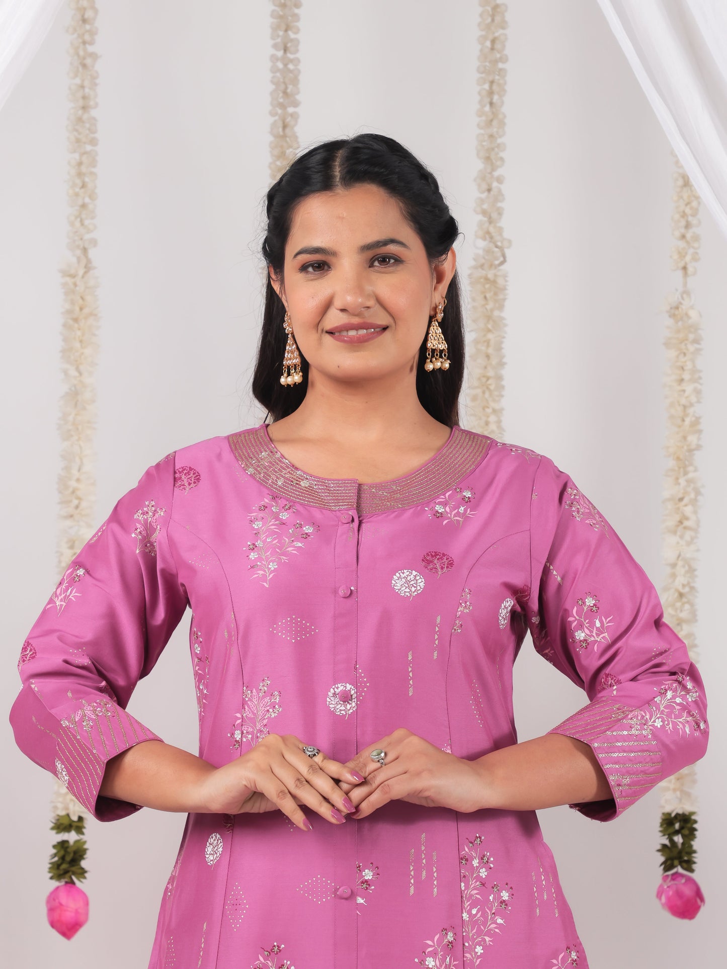 Embroidered Roman silk Floral A-line Purple Kurta