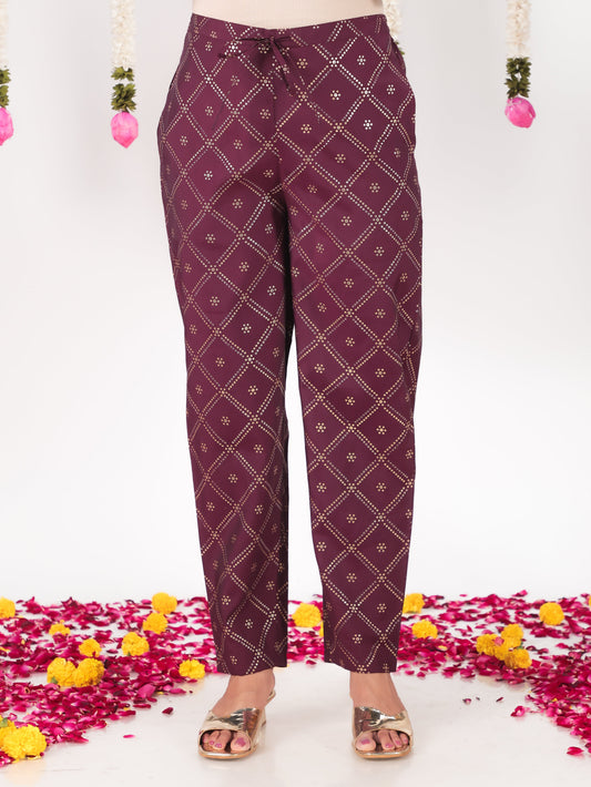 Chanderi Bandhani Wine Tapered Trousers