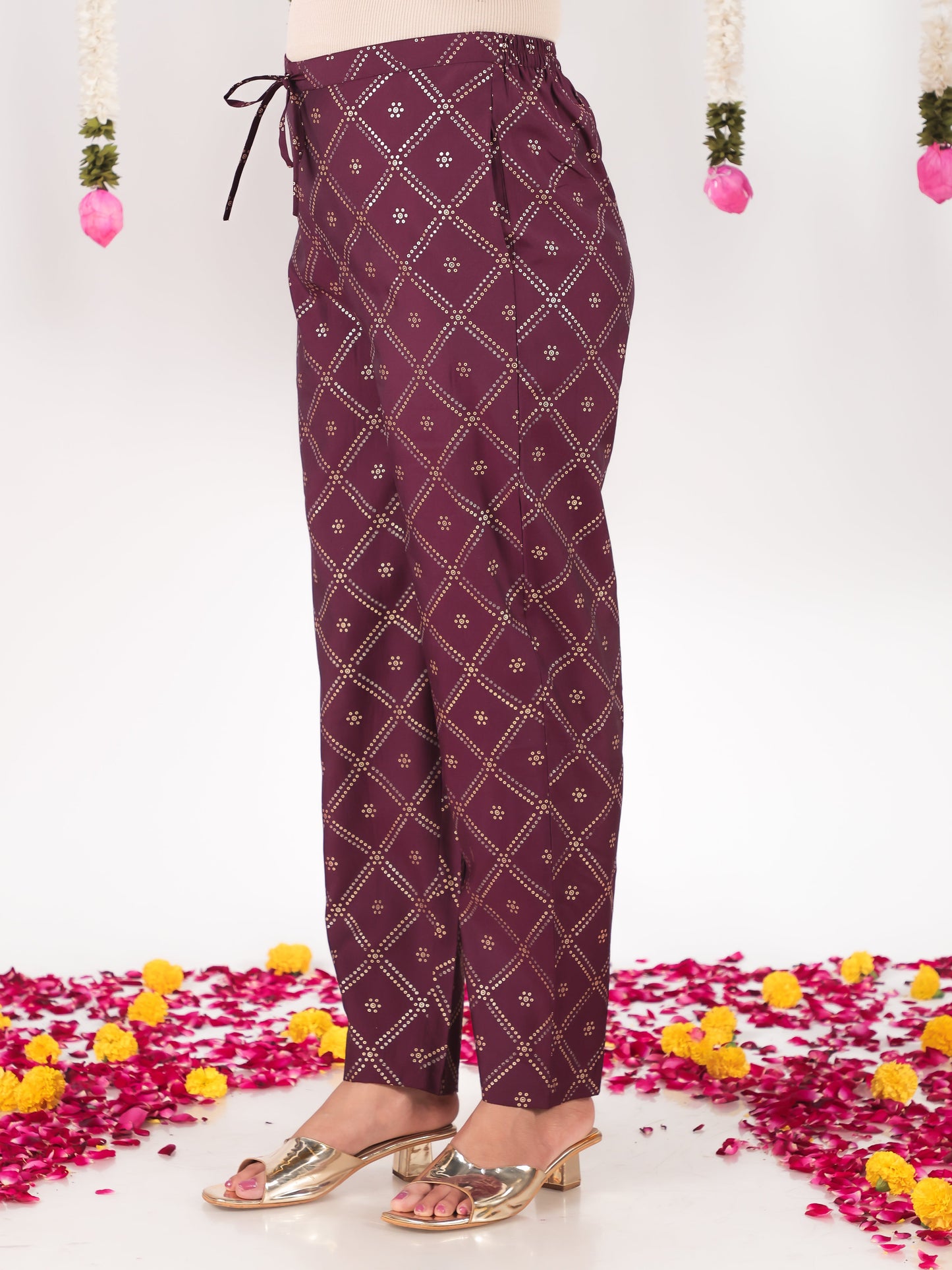 Chanderi Bandhani Wine Tapered Trousers