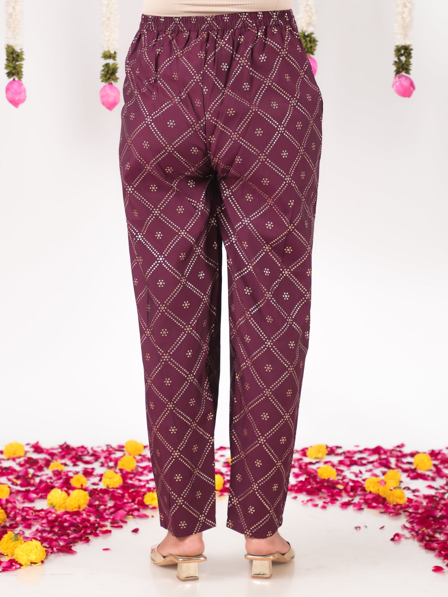 Chanderi Bandhani Wine Tapered Trousers