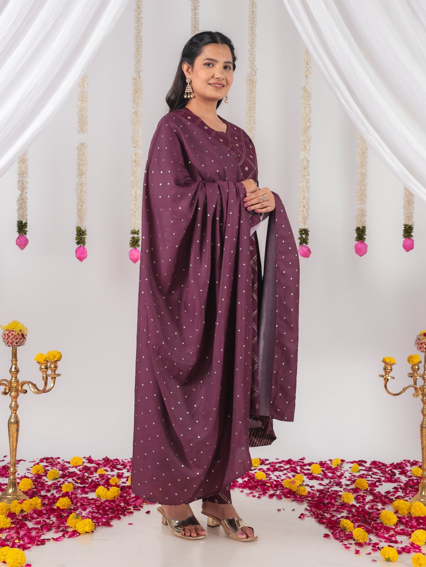 Blended Silk Bandhani Wine Dupatta
