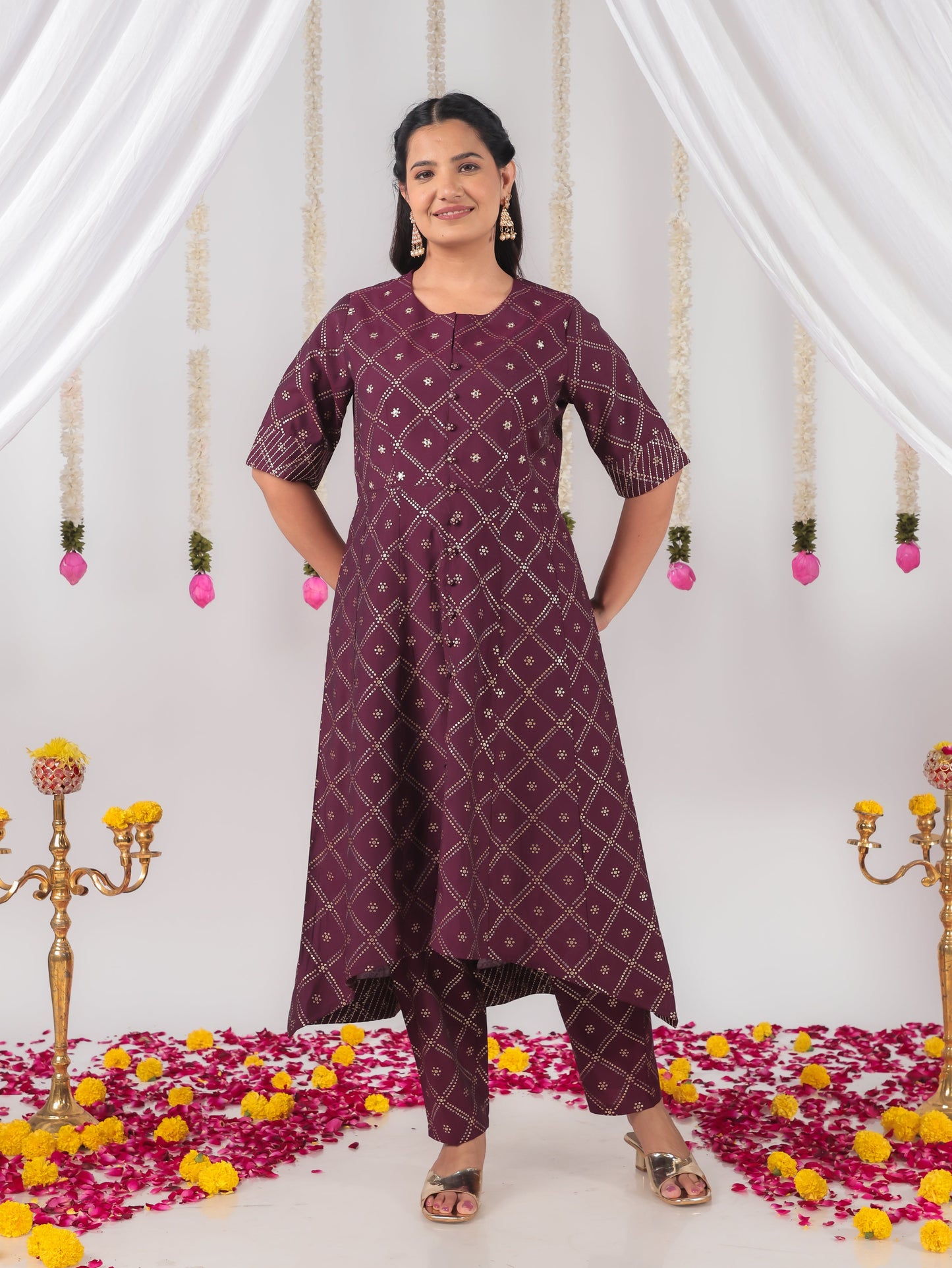 Roman silk Bandhani High Low Wine Kurta