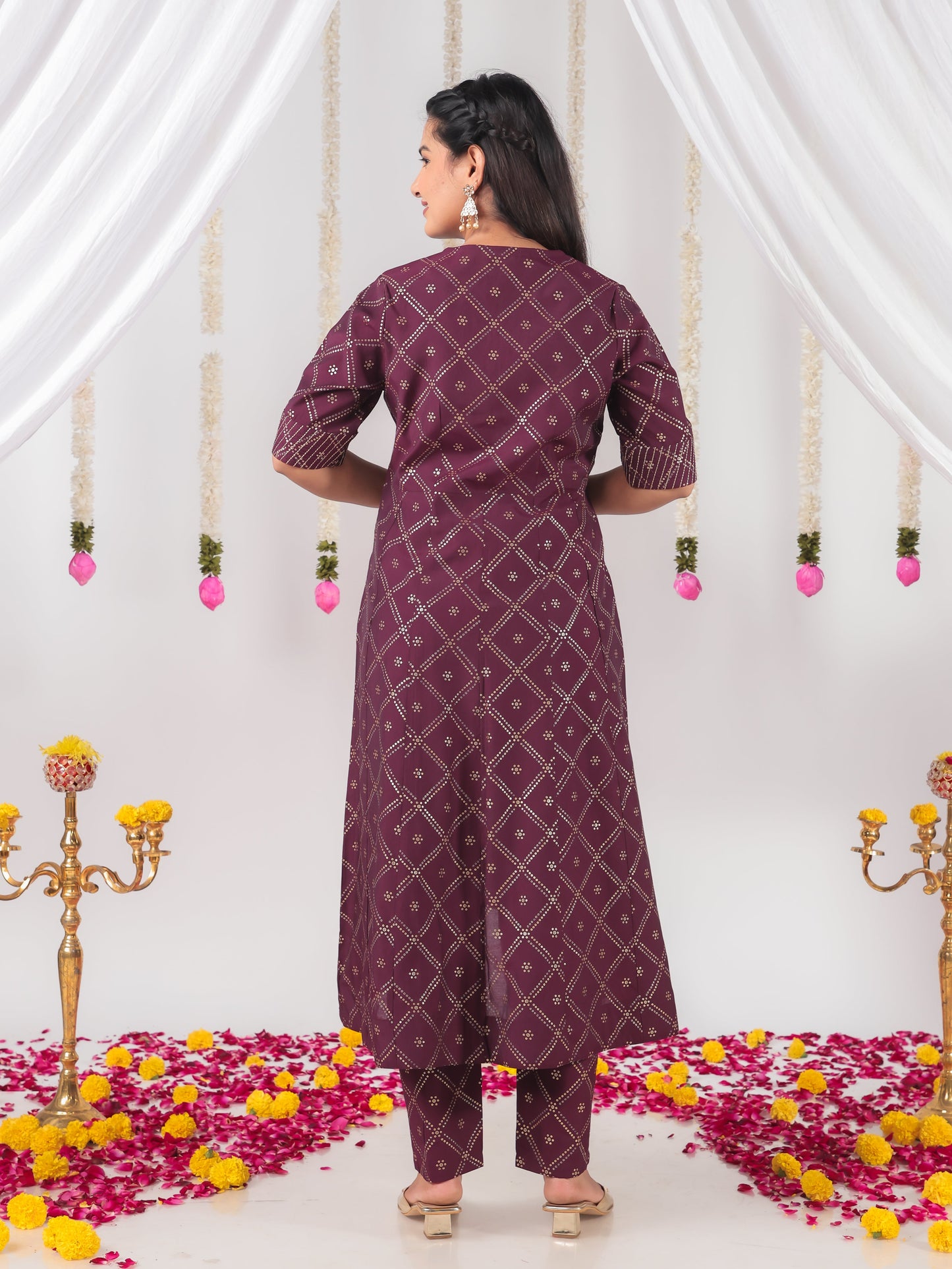 Roman silk Bandhani High Low Wine Kurta
