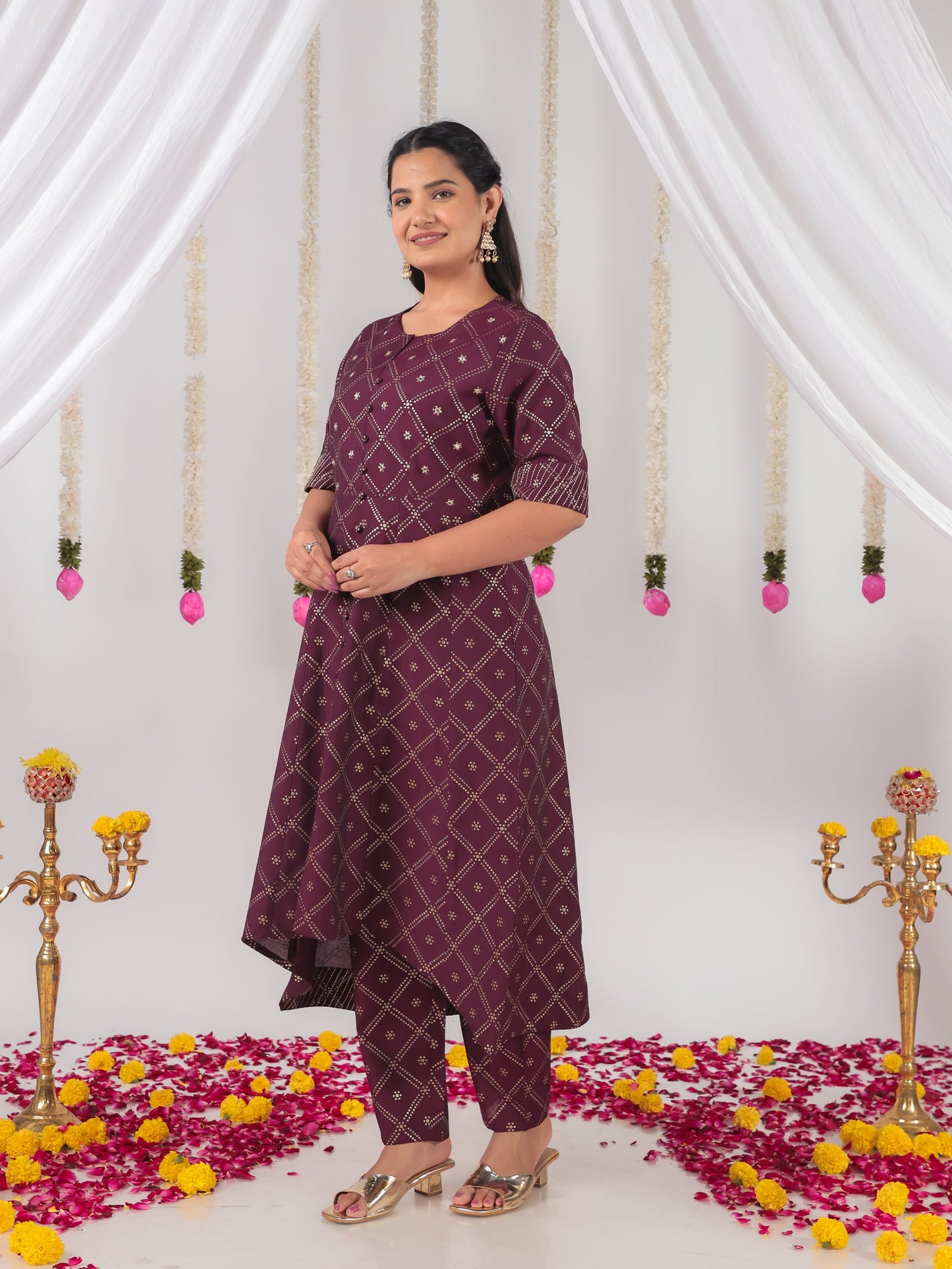 Roman silk Bandhani High Low Wine Kurta