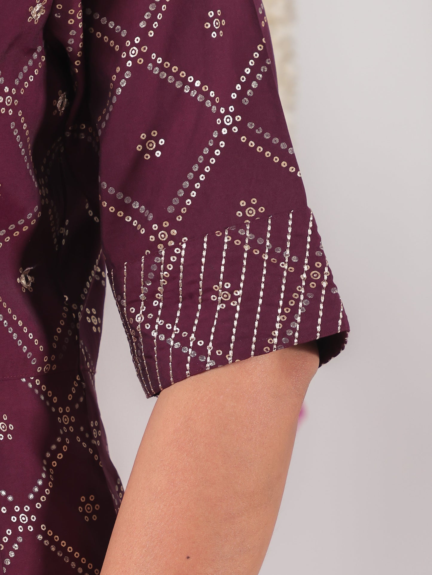 Roman silk Bandhani High Low Wine Kurta