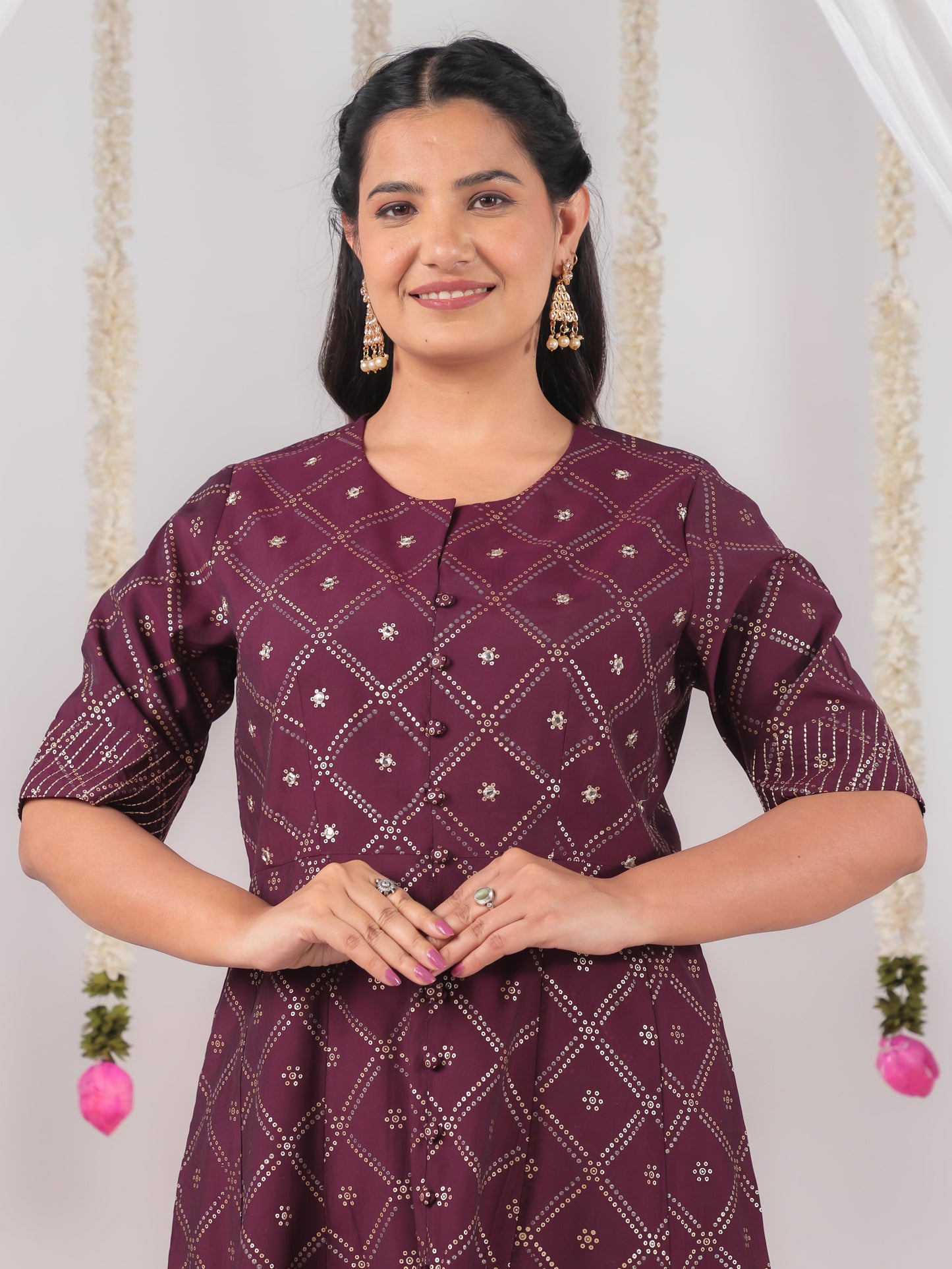 Roman silk Bandhani High Low Wine Kurta
