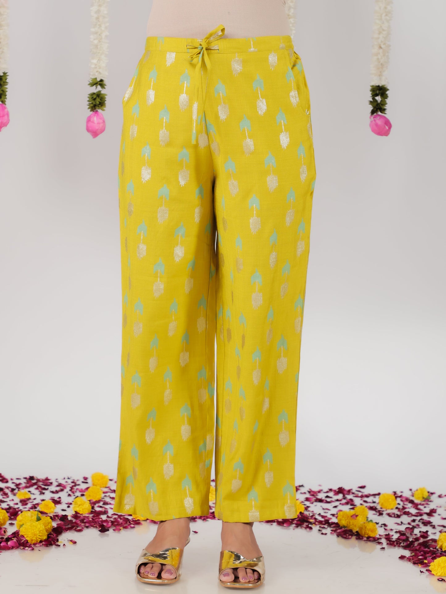 Chanderi Geometric Lime Green Straight Trousers