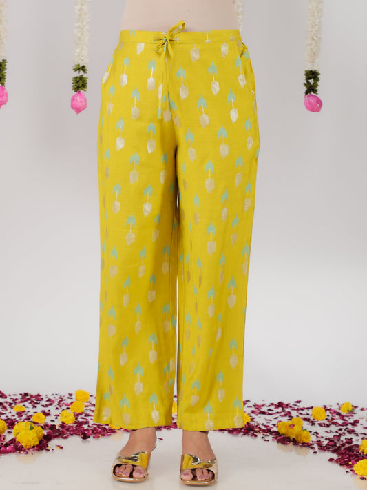 Chanderi Geometric Lime Green Straight Trousers